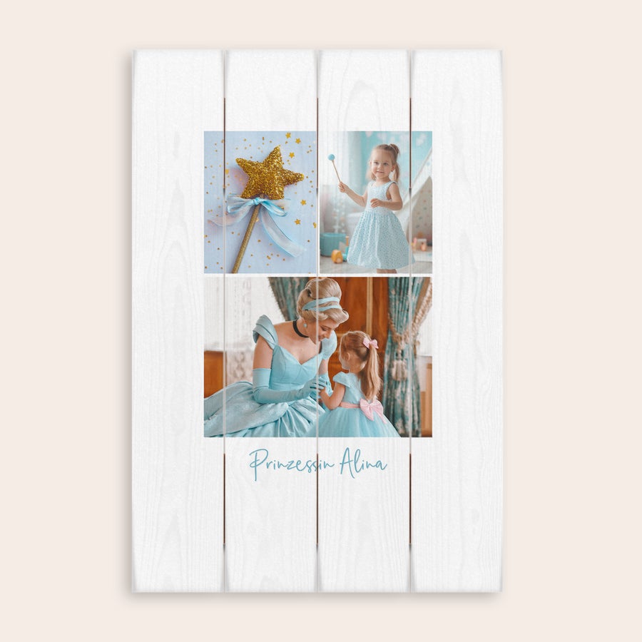 Foto auf Holz Mehrteiliges Foto auf Holz bedruckt mit vier Prinzessinnenbildern und dem Namen Prinzessin Alina