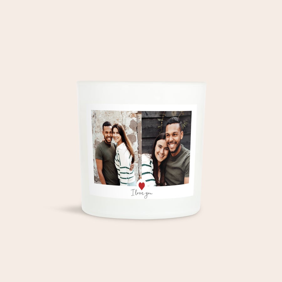 Photophore personnalisé Photophore personnalisé blanc avec une photo de couple souriant, imprimé Je t'aime et un cœur rouge.