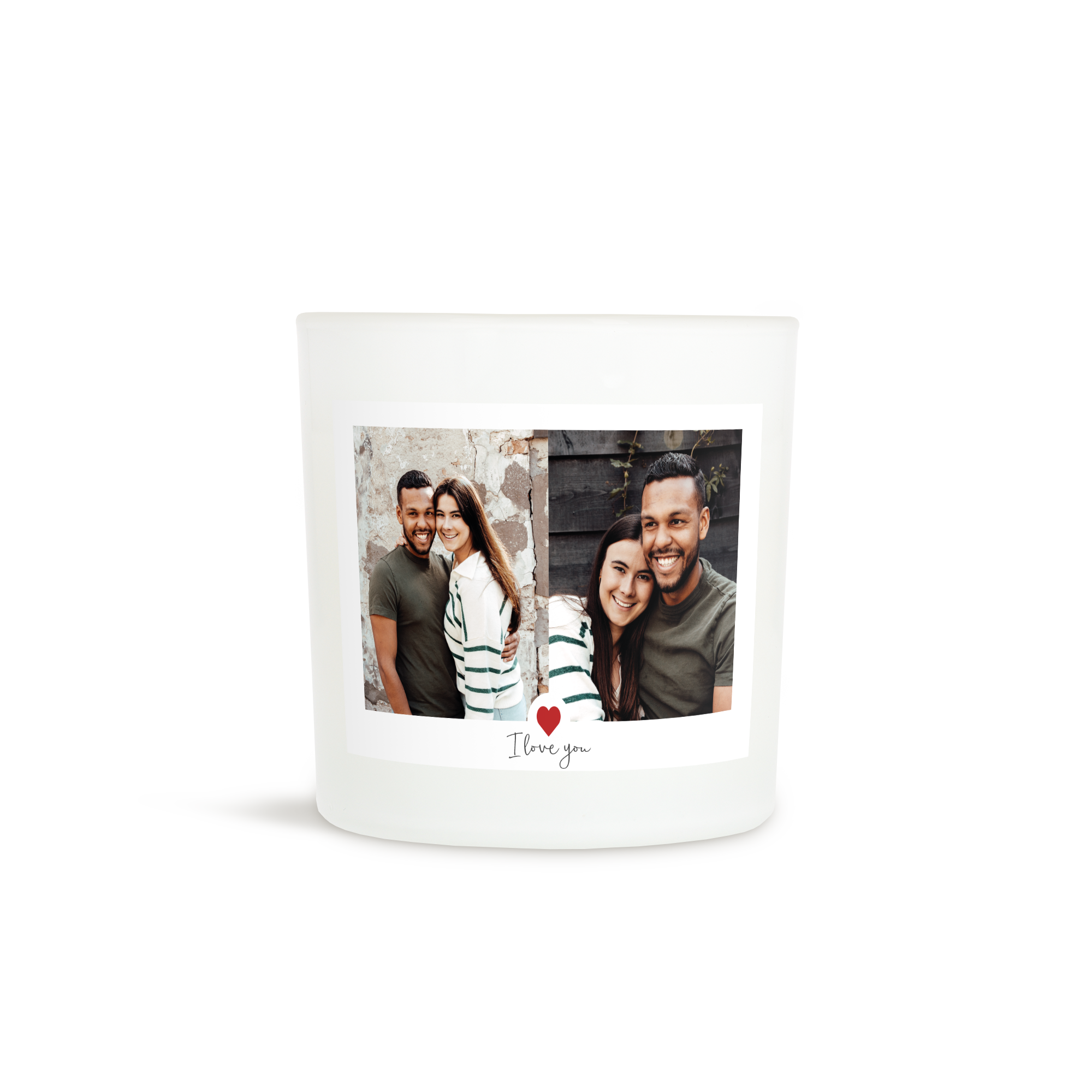 Un portacandela personalizzato bianco con etichetta stampata con due foto di coppia e la scritta I love you, un favoloso regalo per qualunque casa