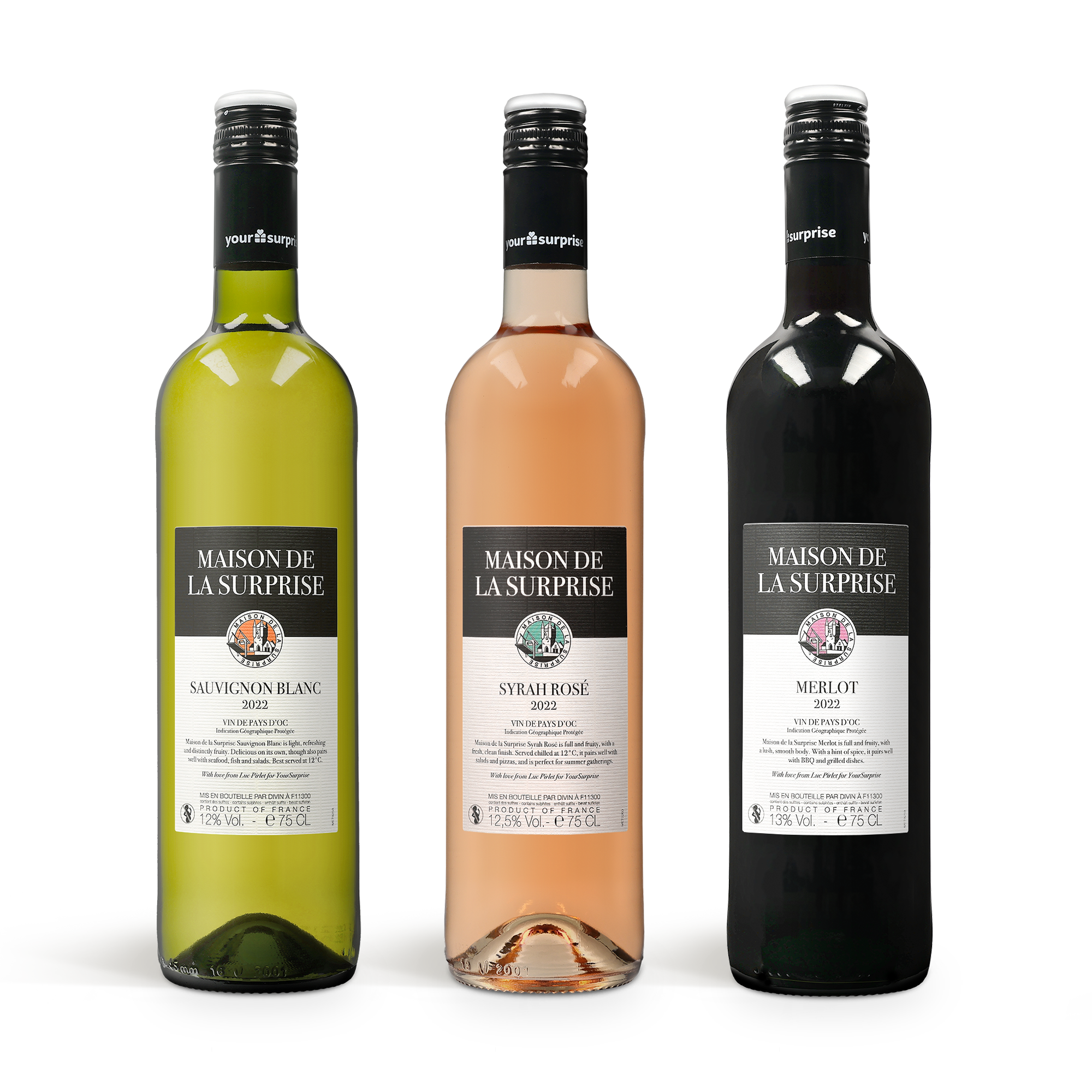 Una confezione regalo di Luc Pirlet con bottiglie di vino bianco, rosato e rosso, personalizza con etichette uniche.