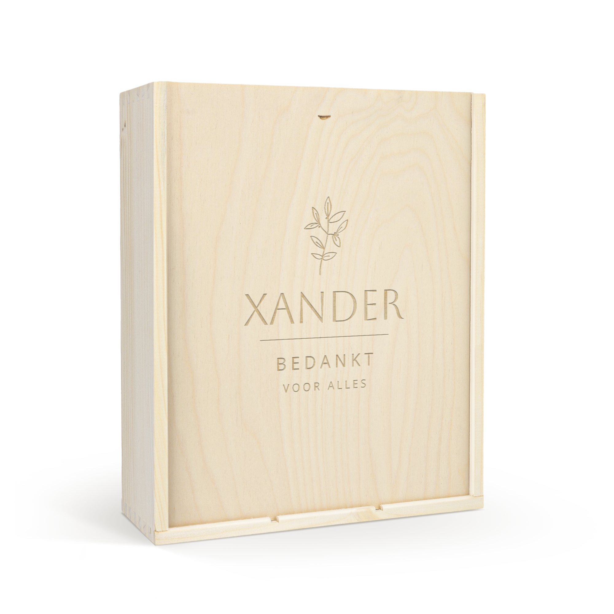 Luxe champagnepakket met gegraveerde deksel, inclusief de naam Xander en de tekst "Bedankt voor alles" met takje.