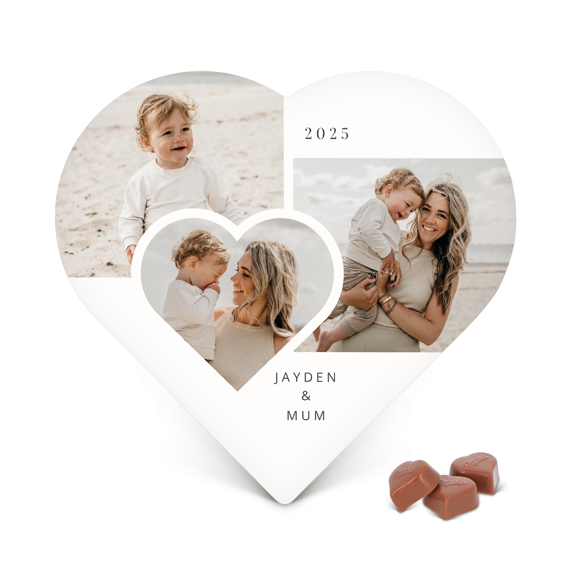 Cutie de ciocolată inimă personalizată cu o fotografie de familie și numele Jayden & Mum, imprimată color cu anul 2025.