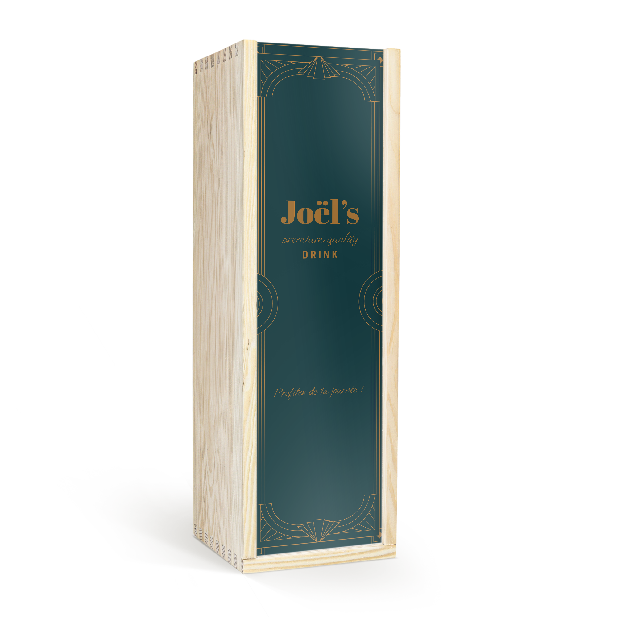Caisse en bois pour une bouteille de Whisky Highland Park 12 ans, avec le texte personnalisé "Joël's premium quality drink Profites de ta journée !"