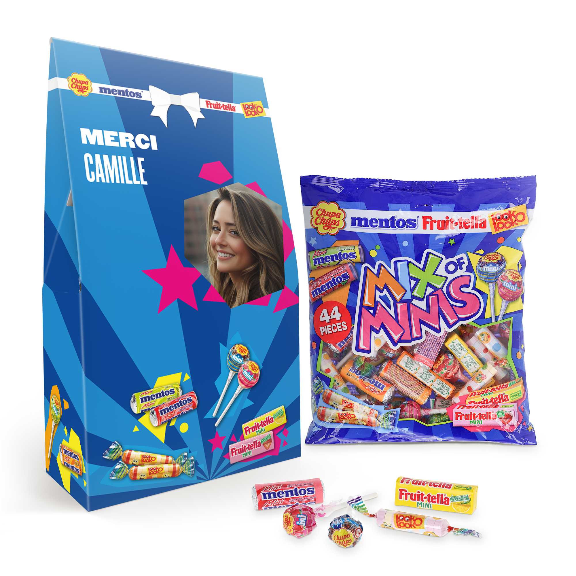 Mélange de bonbons Fruit-tella personnalisé avec photo et le texte Merci Camille, imprimé sur l'emballage bleu