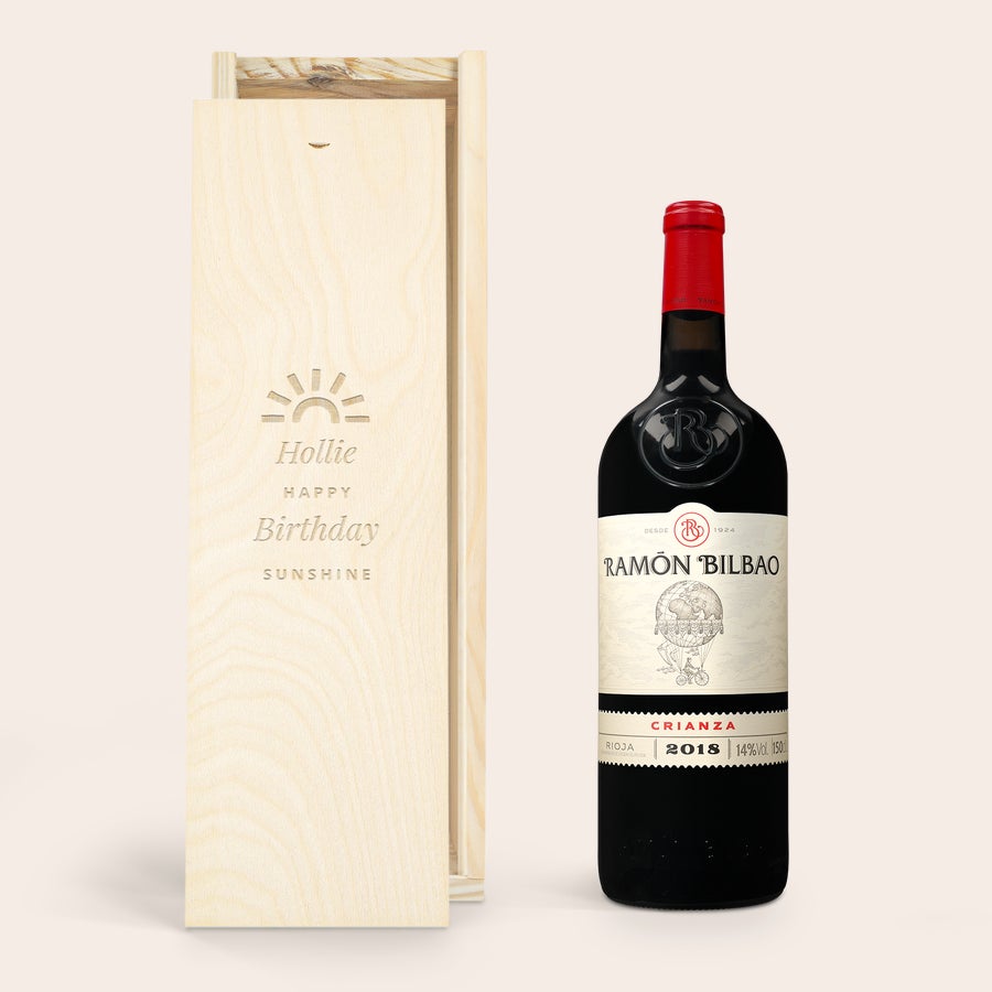 Personalised Wine - Ramon Bilbao Crianza Ramon Bilbao Gran Crianza red wine with an engraved wooden case customized with a name and birthday message.