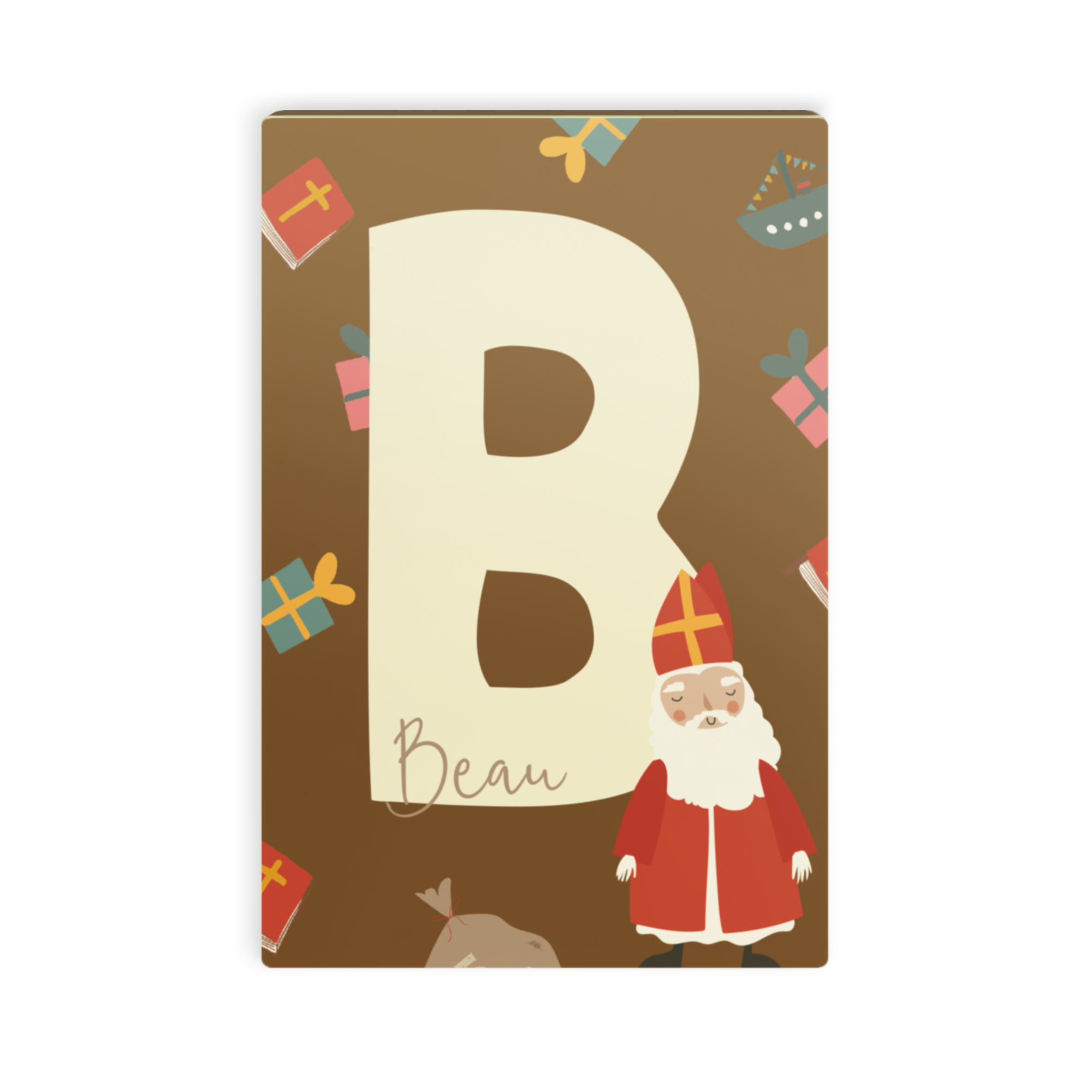 Chocoladekaart met Sinterklaas thema, letter B, de naam Beau en Sint-afbeelding, bedrukt met een foto.