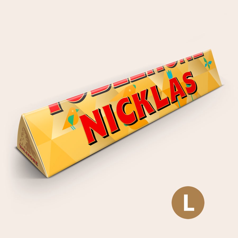 Toblerone chokolade med navn - Påske Toblerone chokolade i Påske design, trykt med navn Nicklas og fugle symboler