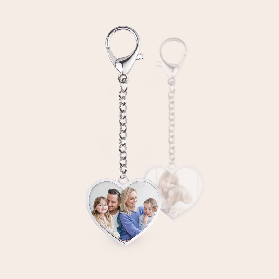Personalised key ring - Stainless steel Heart-shaped keyring printed with a family photo on both sides for a personalized surprise