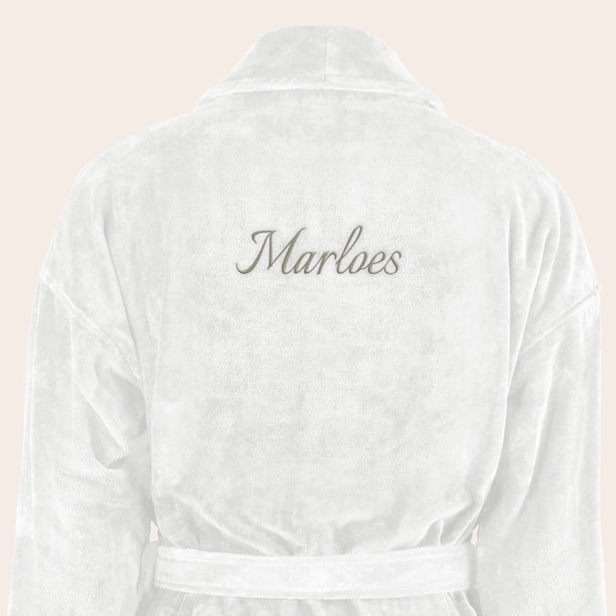 Badjas Dames met naam geborduurd Luxe badstof badjas met naam Marloes geborduurd op de rug, persoonlijk cadeau.