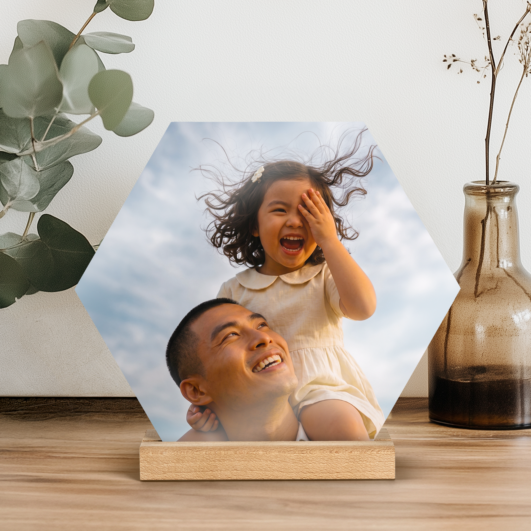 Personalized Printed Wooden Photo Tile with Stand - Hexagon, featuring a happy father and daughter photo.