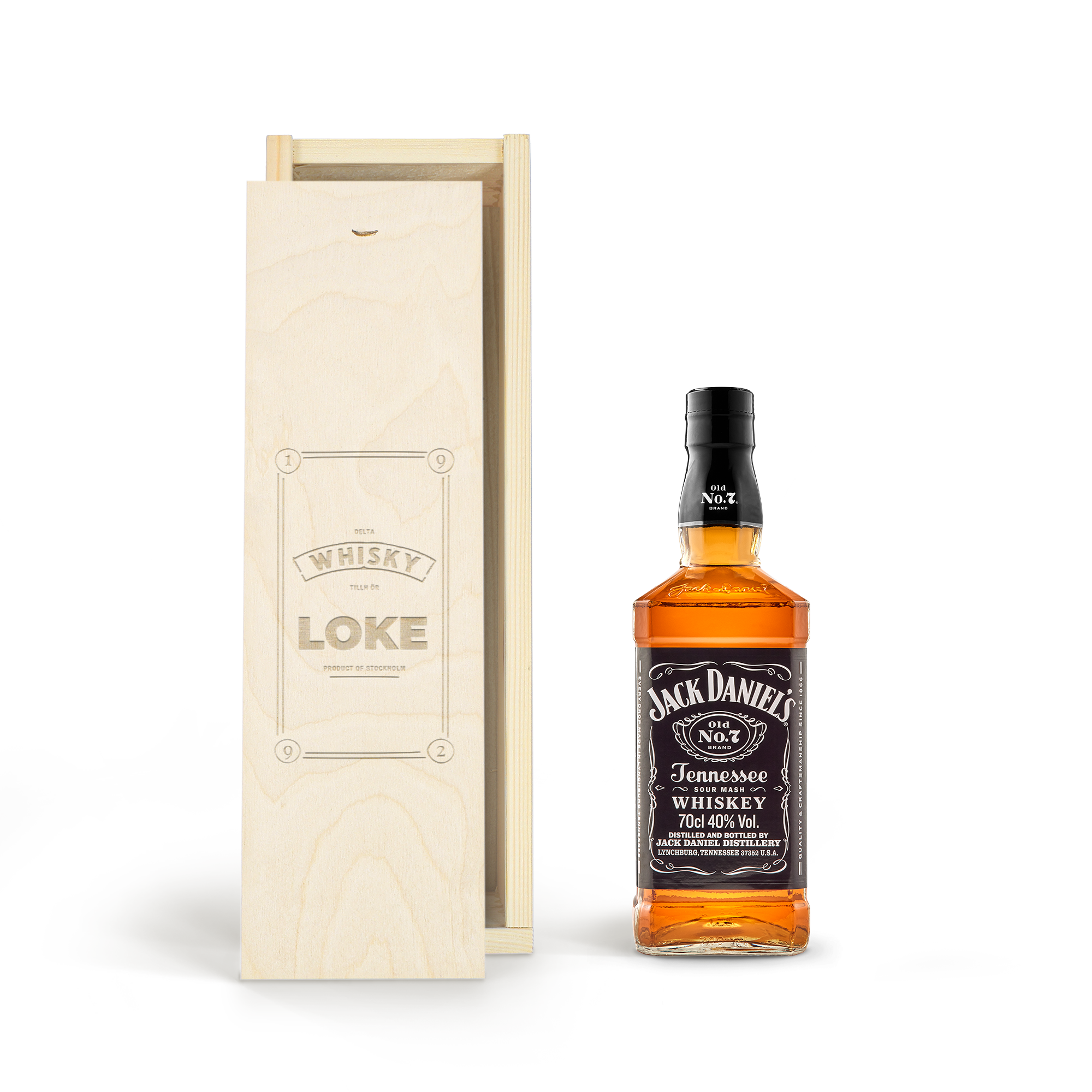 Jack Daniels whisky i personlig träväska