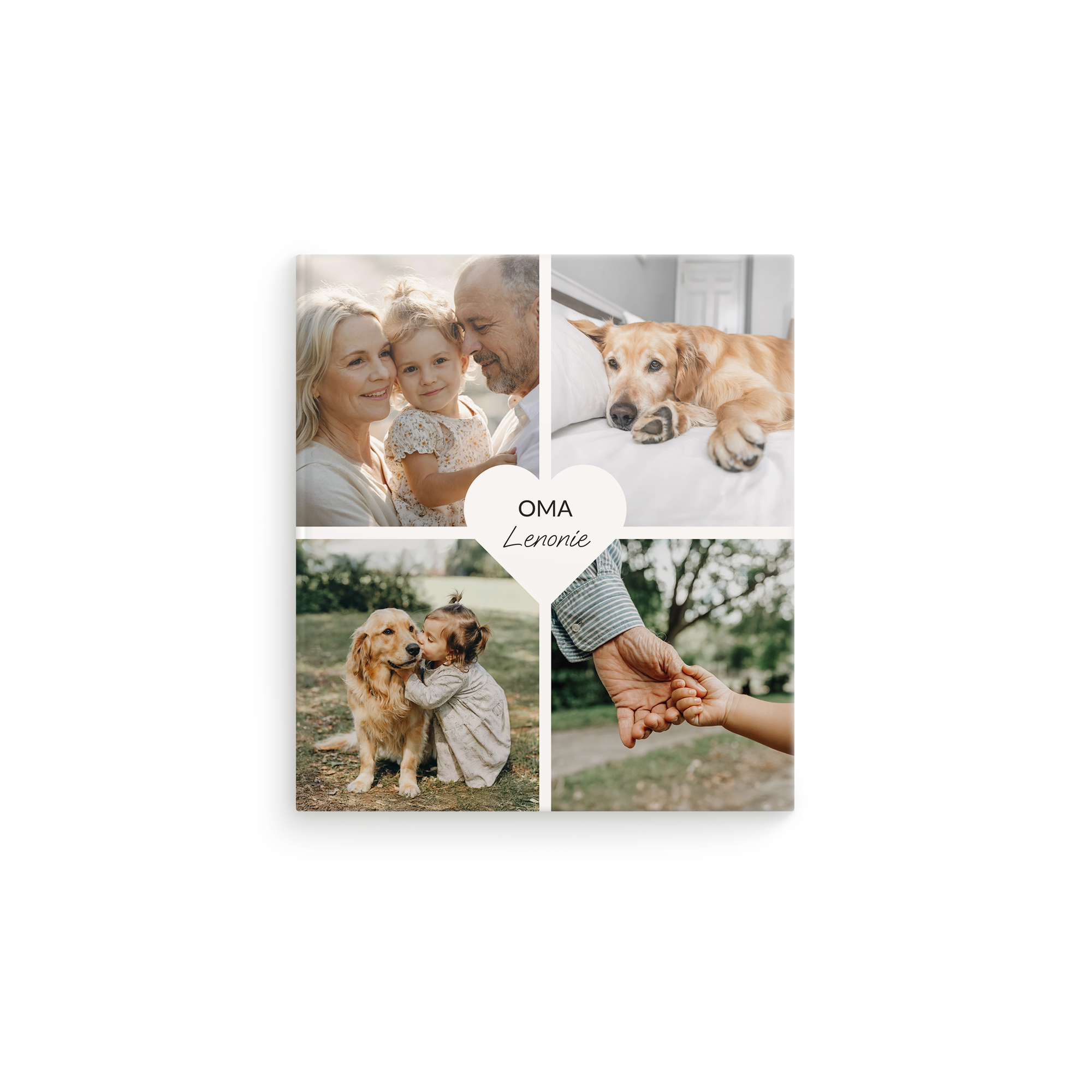 Notitieboekje bedrukken - Blanco binnenwerk - 17 x 19 cm - Hardcover met gepersonaliseerde fotocollage en tekst "Oma Leronie" in een hartvorm.
