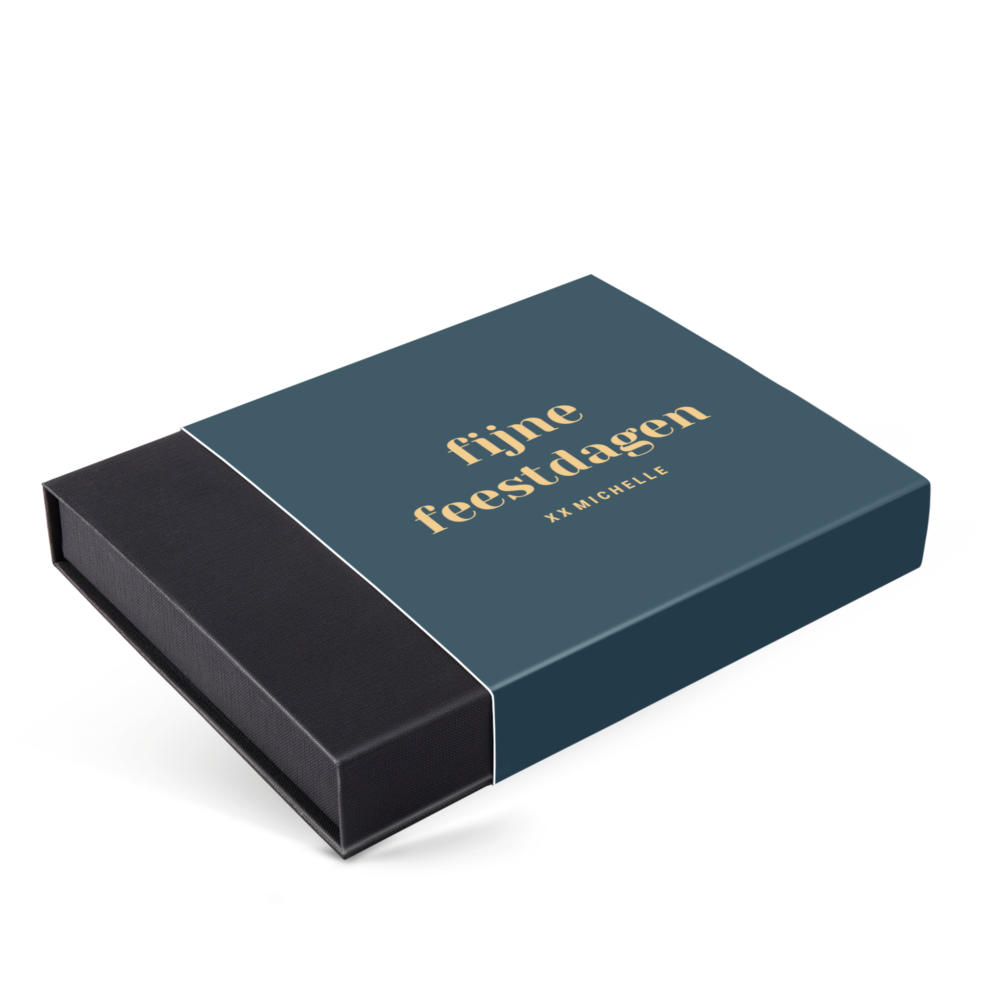 Luxe bonbon giftbox met een donkergroene wikkel geprint met de tekst fijne feestdagen en de naam Michelle.