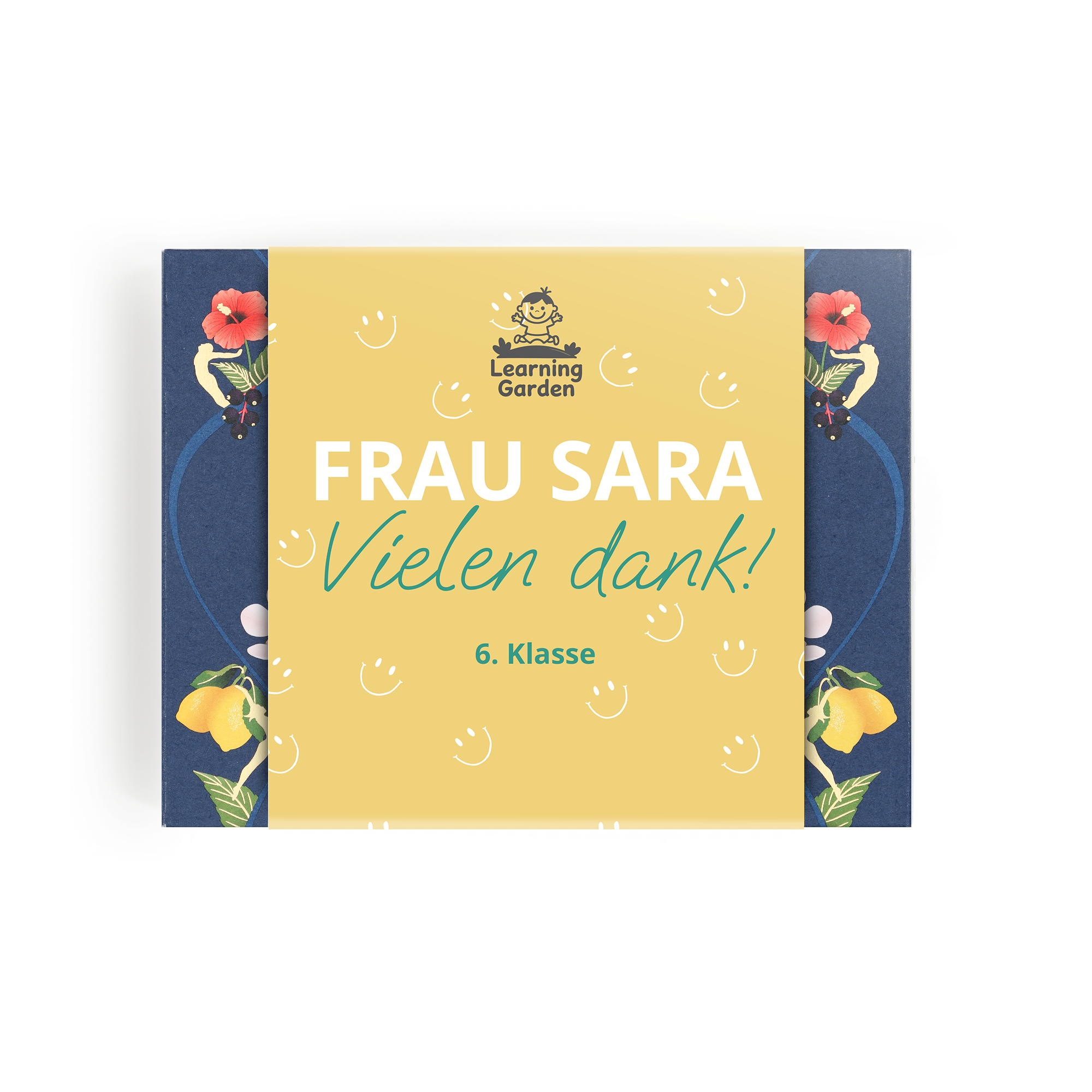 Personalisierte Teebox bedruckt mit Frau Sara, vielen Dank, 6. Klasse, Blumen und Zitronen für Deine ganz persönliche Tee-Oase