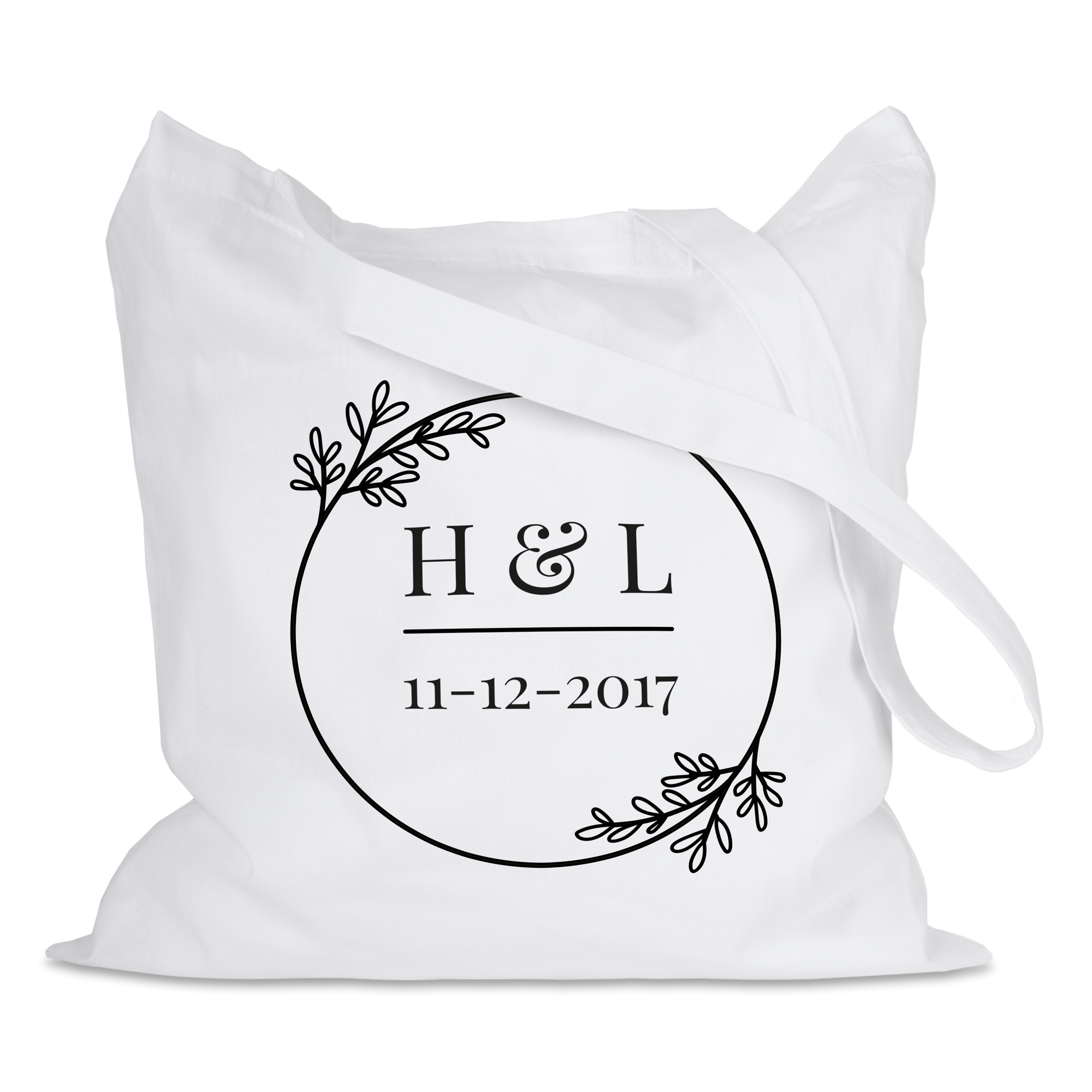 Bolsa de tela blanca con un diseño floral impreso, iniciales "H & L" y fecha "11-12-2017".