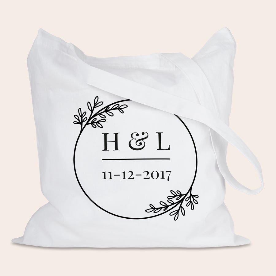 Shopper Personalizzata Shopper personalizzata bianca con iniziali HL e data 11-12-2017 stampate all'interno di una cornice floreale