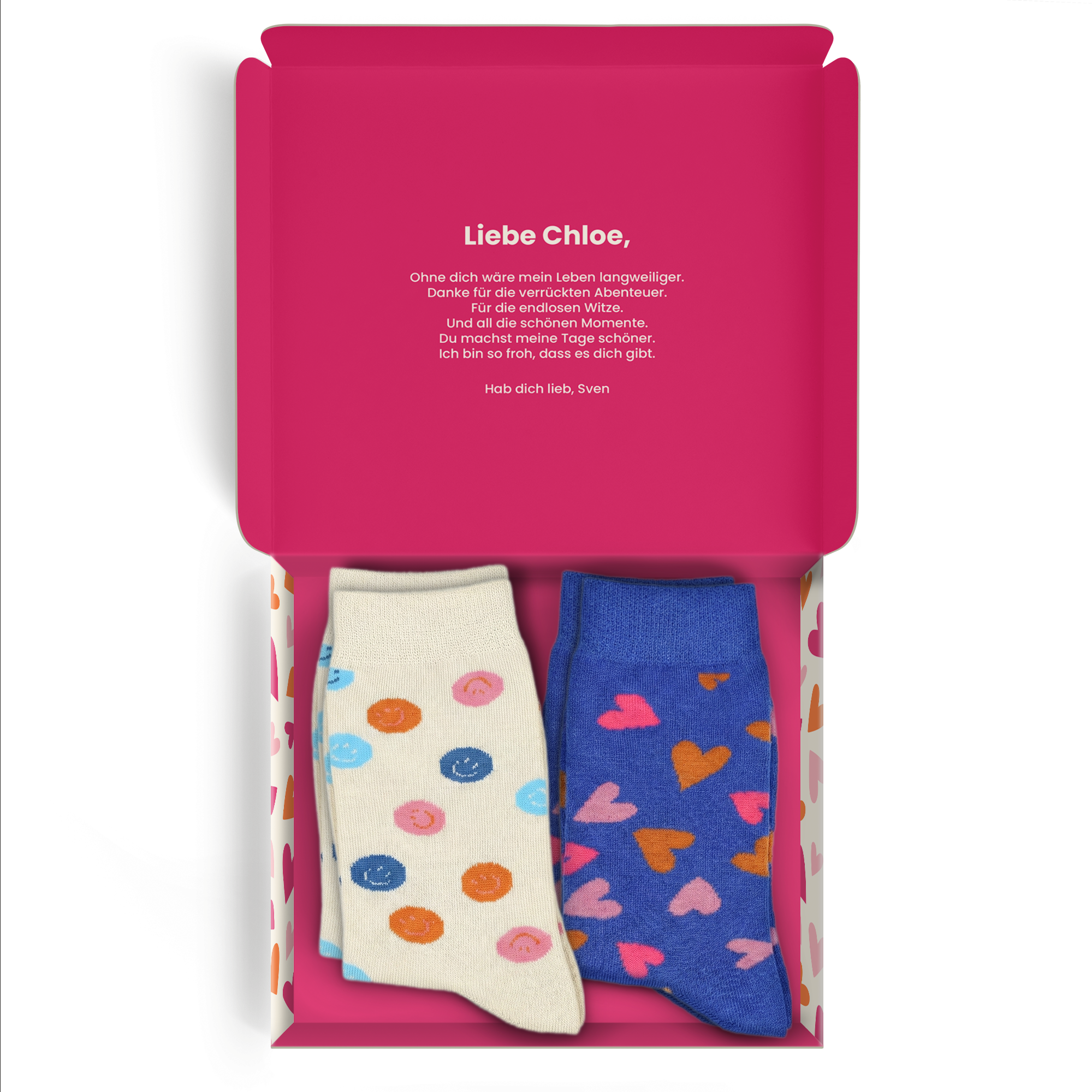 Personalisierte Socken-Geschenkbox – 2 Paar Socken – 39/42 mit Nachricht Liebe Chloe bedruckt