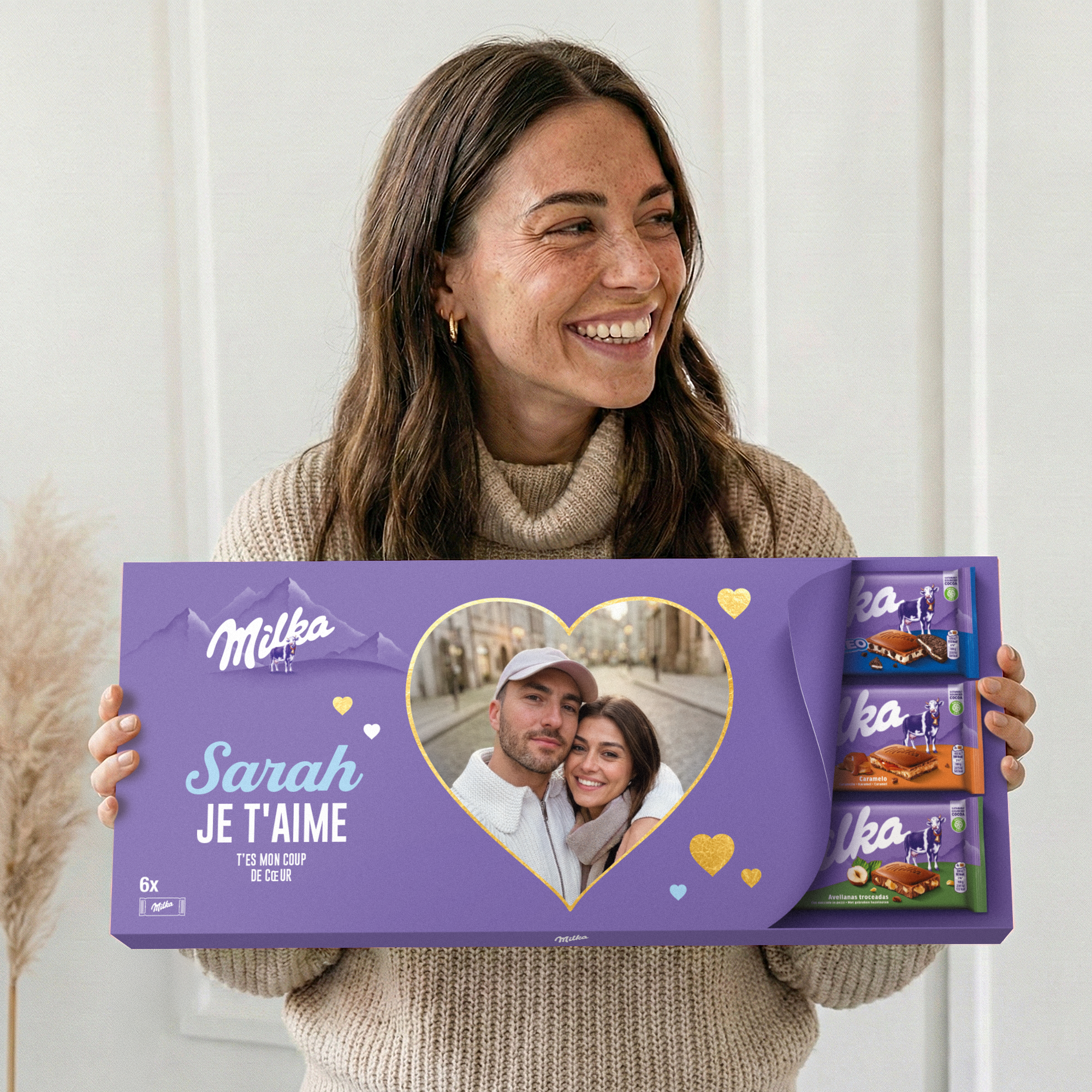 Méga tablette de chocolat Milka personnalisée 6 tablettes avec photo et texte "Sarah Je t'aime"