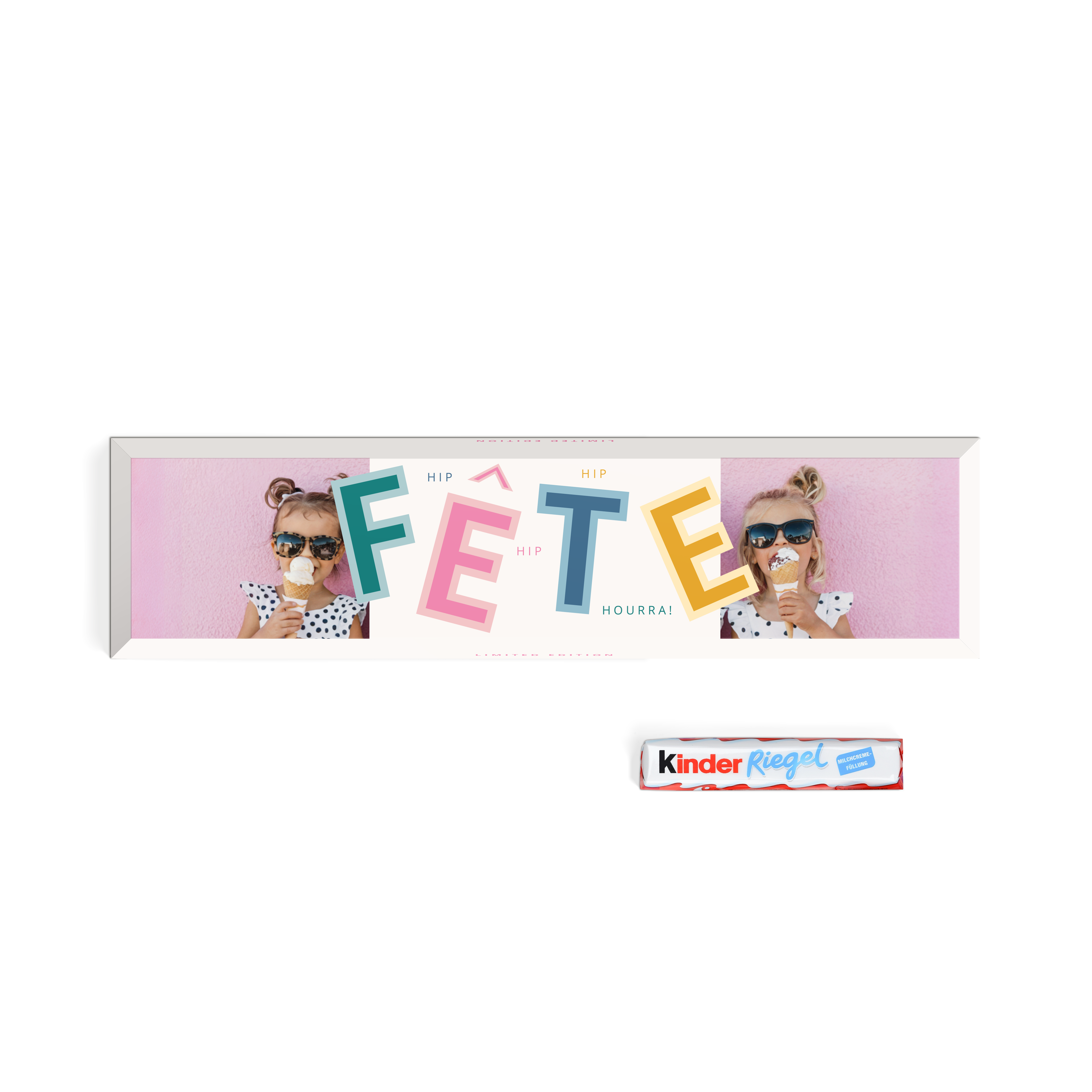 Barre de chocolat Kinder XXL avec nom personnalisée. Emballage imprimé avec photo d'enfants et texte 