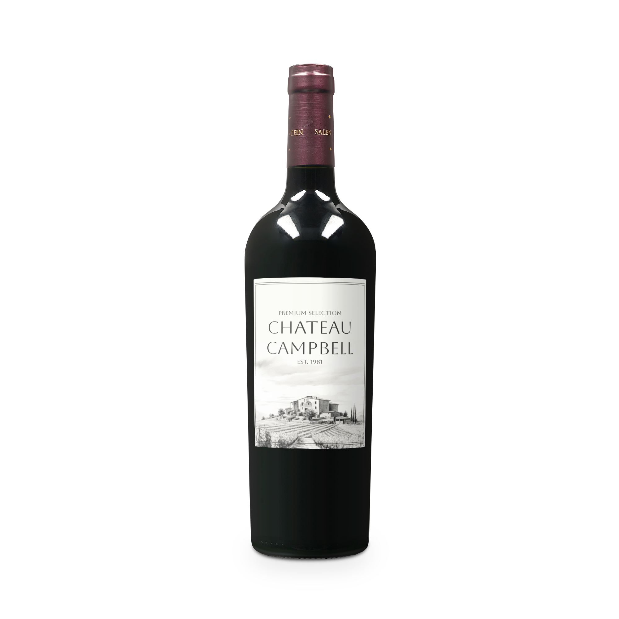 Bottiglia di Salentein Merlot con etichetta personalizzata con la scritta Chateau Campbell e vigneto.
