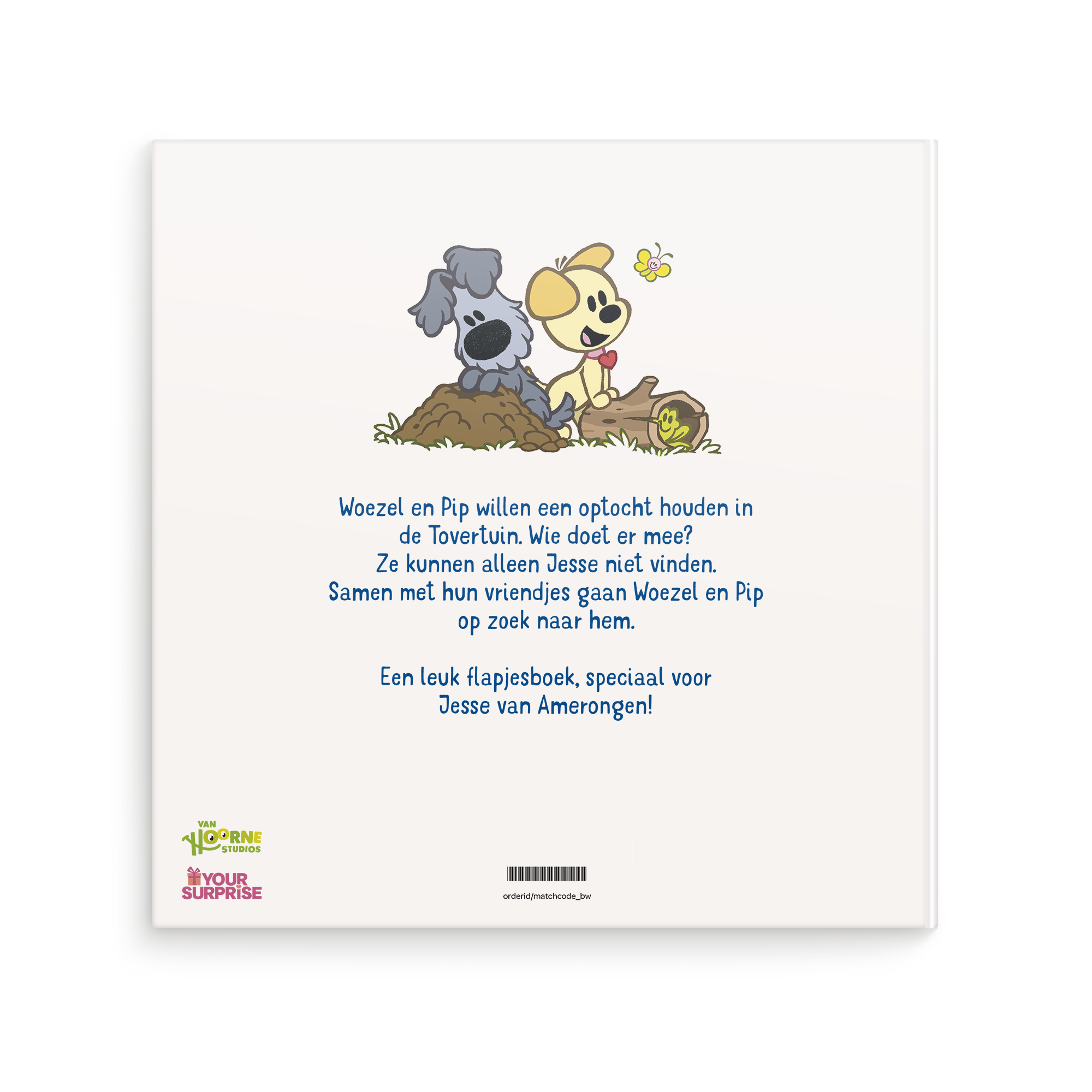 Flapjesboek Woezel & Pip Verstoppertje personaliseren met de naam Jesse van Amerongen op de achterkant van het boek.