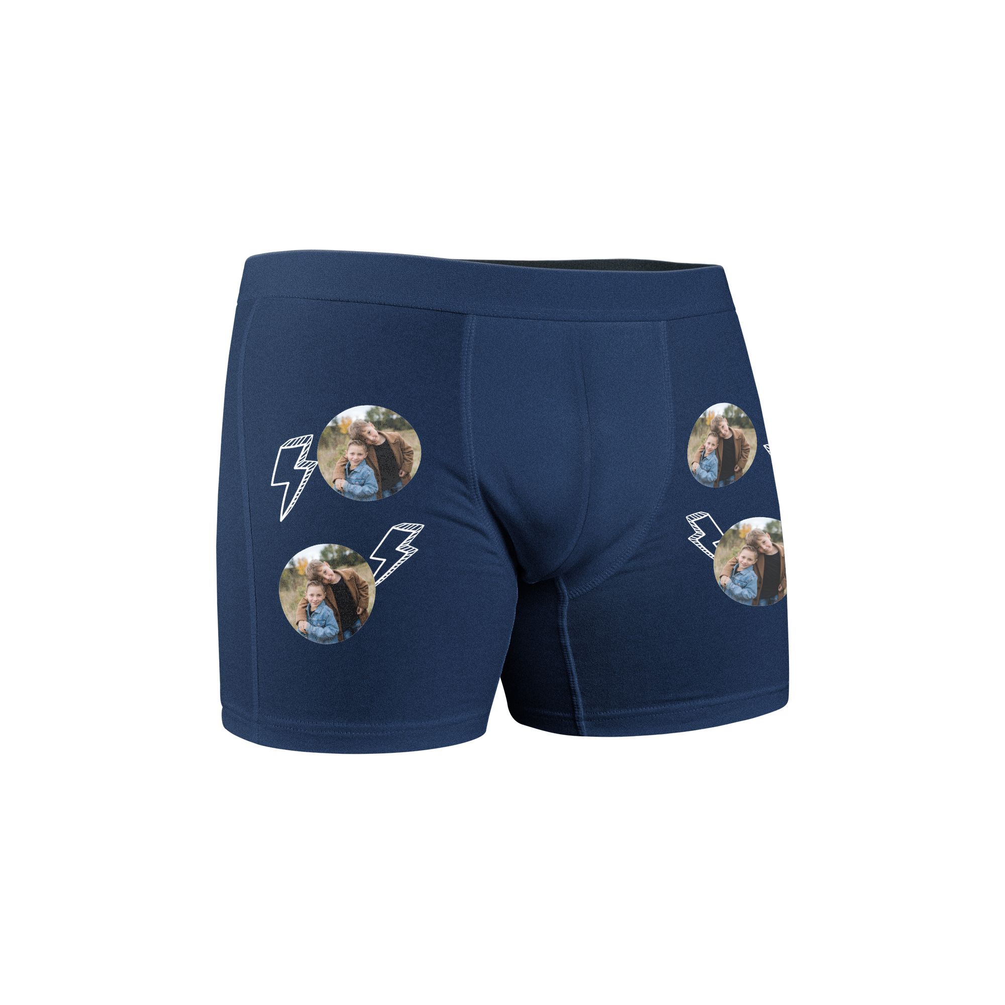 Bóxers azul marino personalizados con una foto estampada en círculos y dibujos de rayos blancos, crea calzoncillos bóxer que sean tan únicos como él.