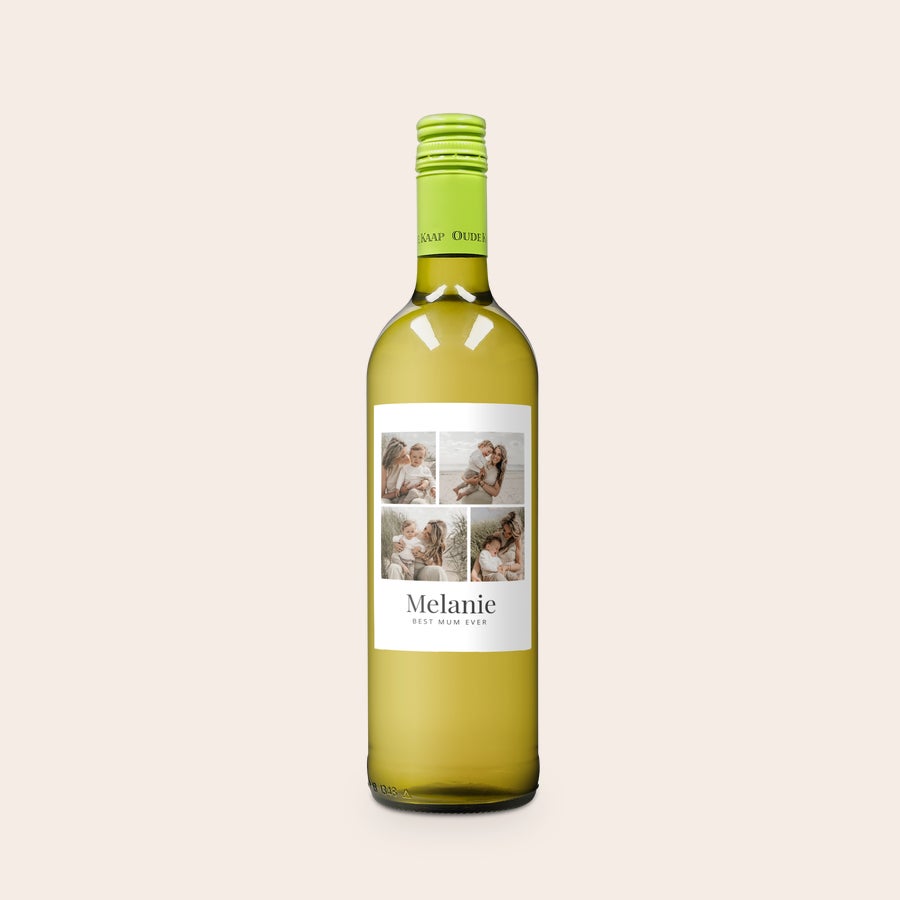 Oude Kaap Garrafa de vinho branco Oude Kaap com rótulo personalizado por foto e texto Melanie Best Mum Ever
