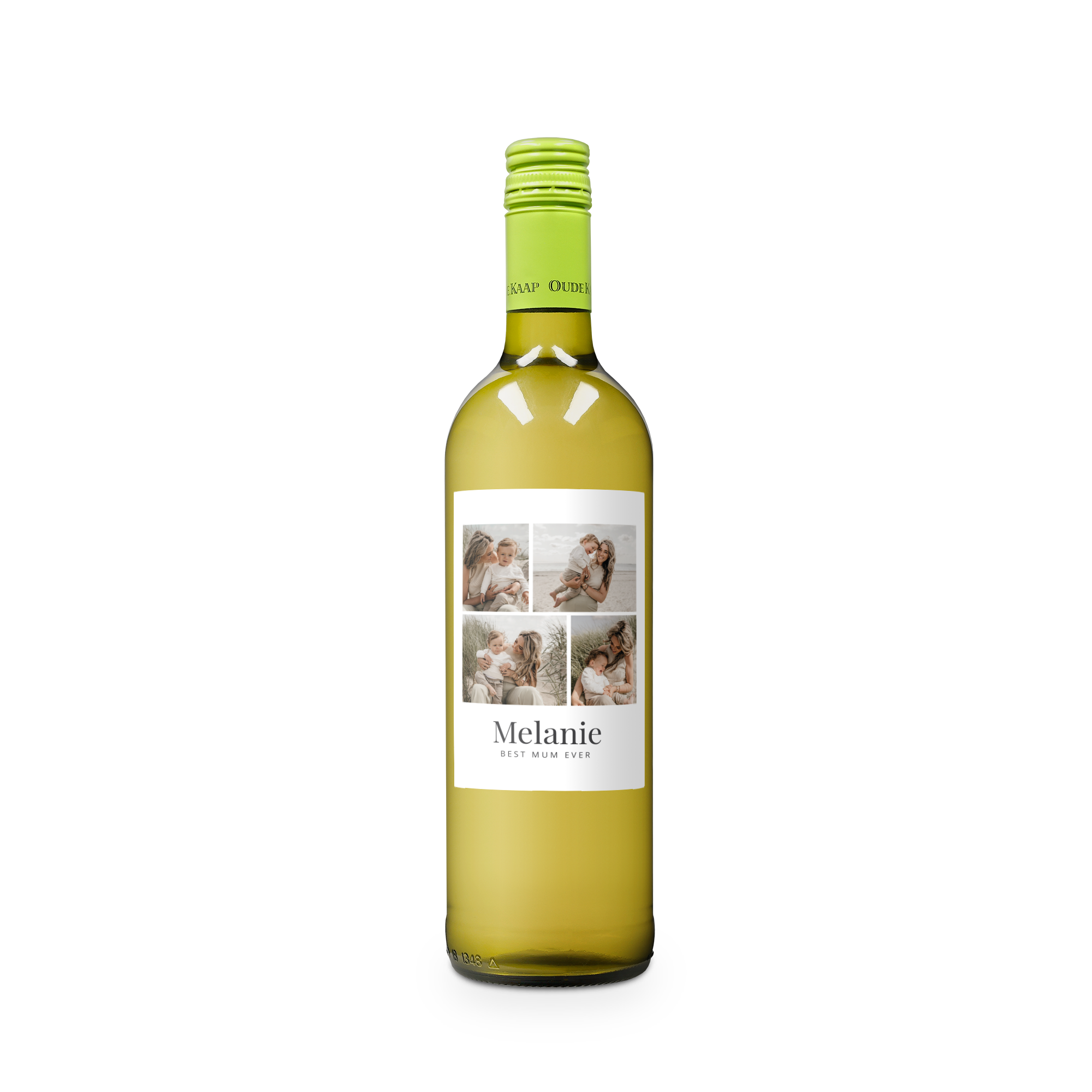 Oude Kaap white wine bottle with a personalized label, printed with four photos and the text "Melanie Best Mum Ever"