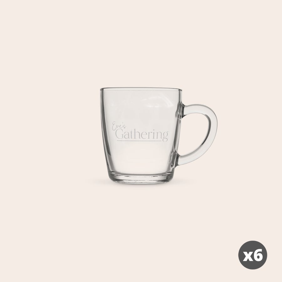 Copo de chá Copo de chá transparente com texto "Eve's Gathering" gravado, personalizável com o seu próprio texto