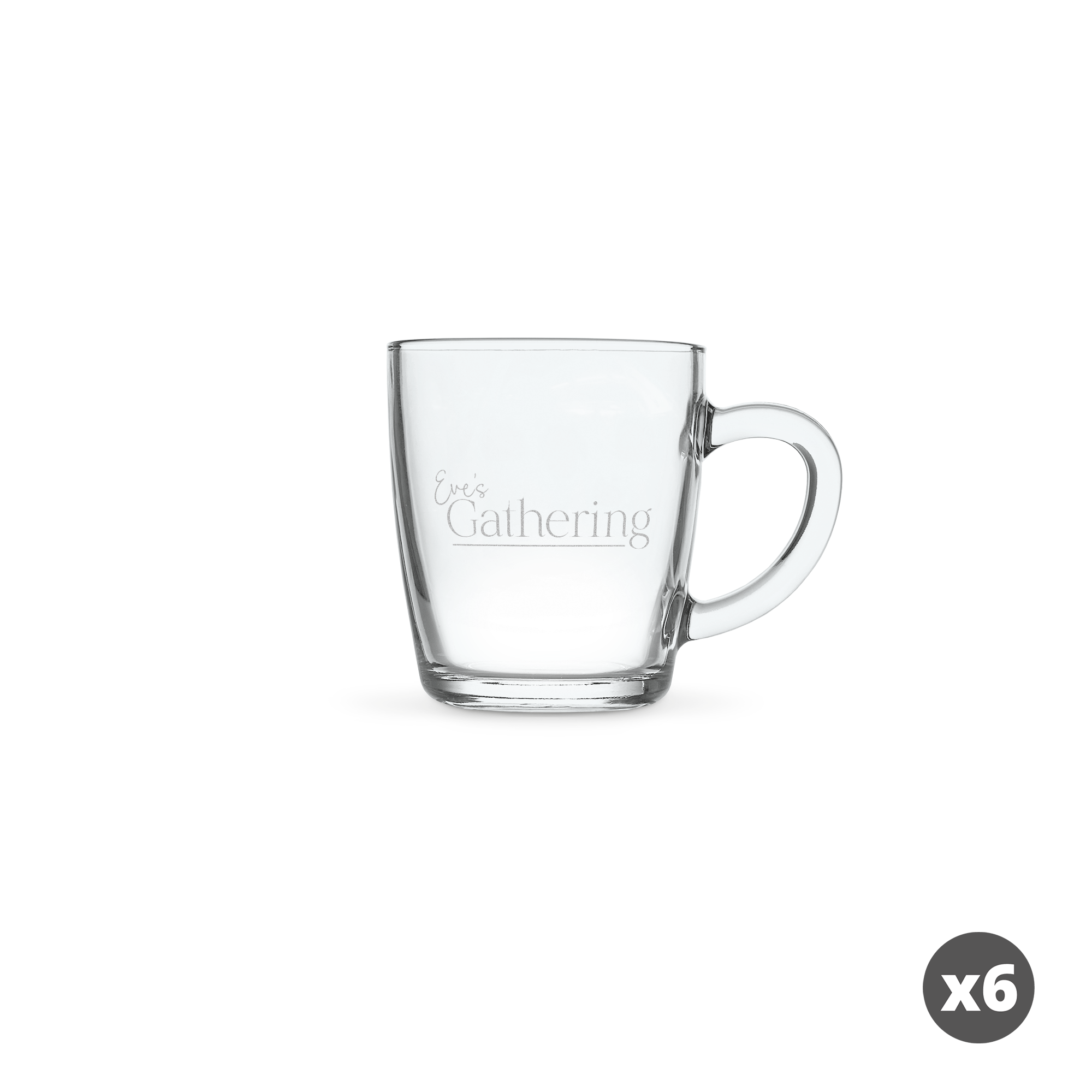 Set aus 6 transparenten Teegläsern mit Gravur „Eves Gathering“, personalisierbar mit Namen