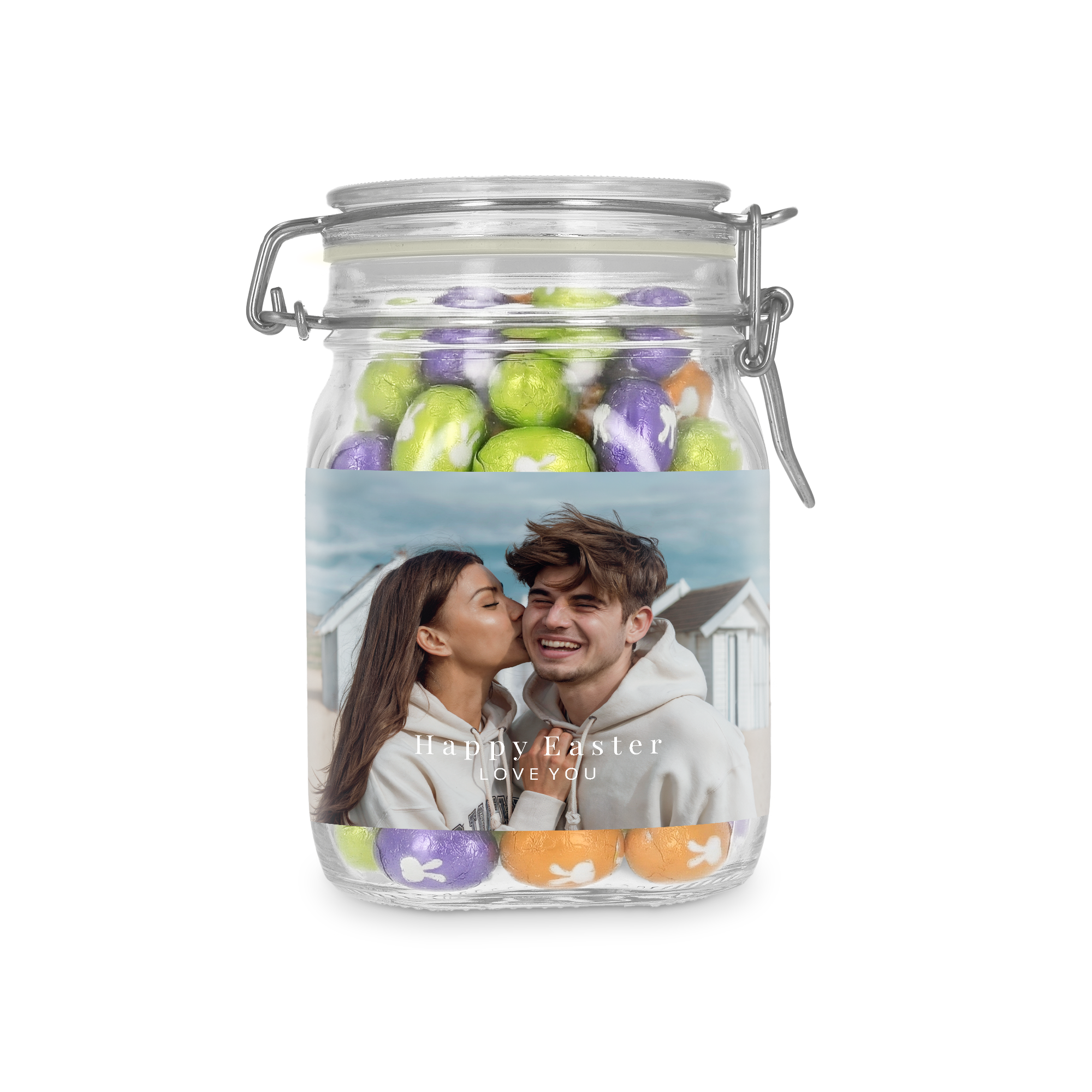 Personalised sweet jar - 1L - Chocolate eggs with a photo label of a couple and "Happy Easter Love You" text.
