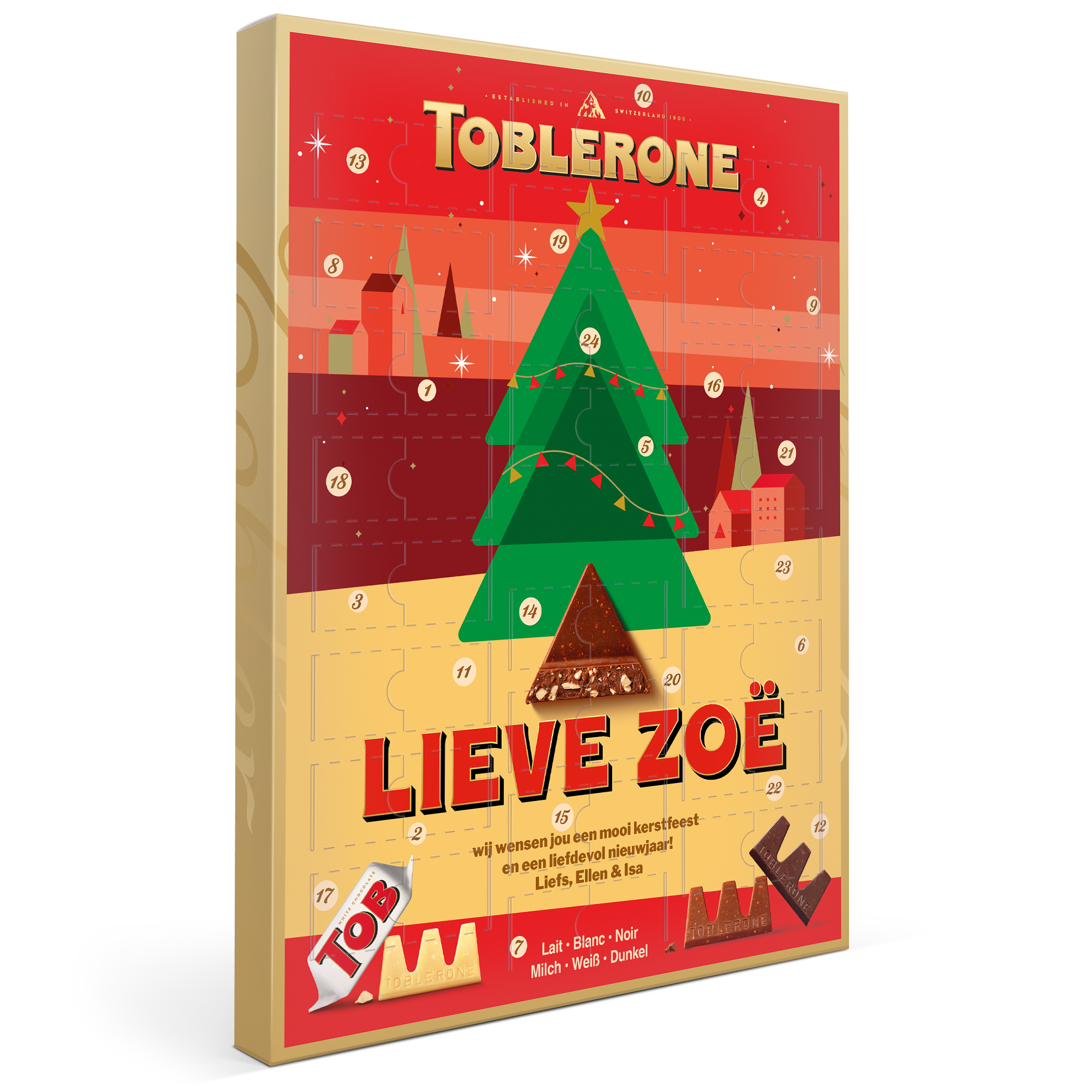 Je telt smullend af tot Kerstmis met een persoonlijke Toblerone adventskalender bedrukt met de naam Lieve Zoë en een kerstgroet