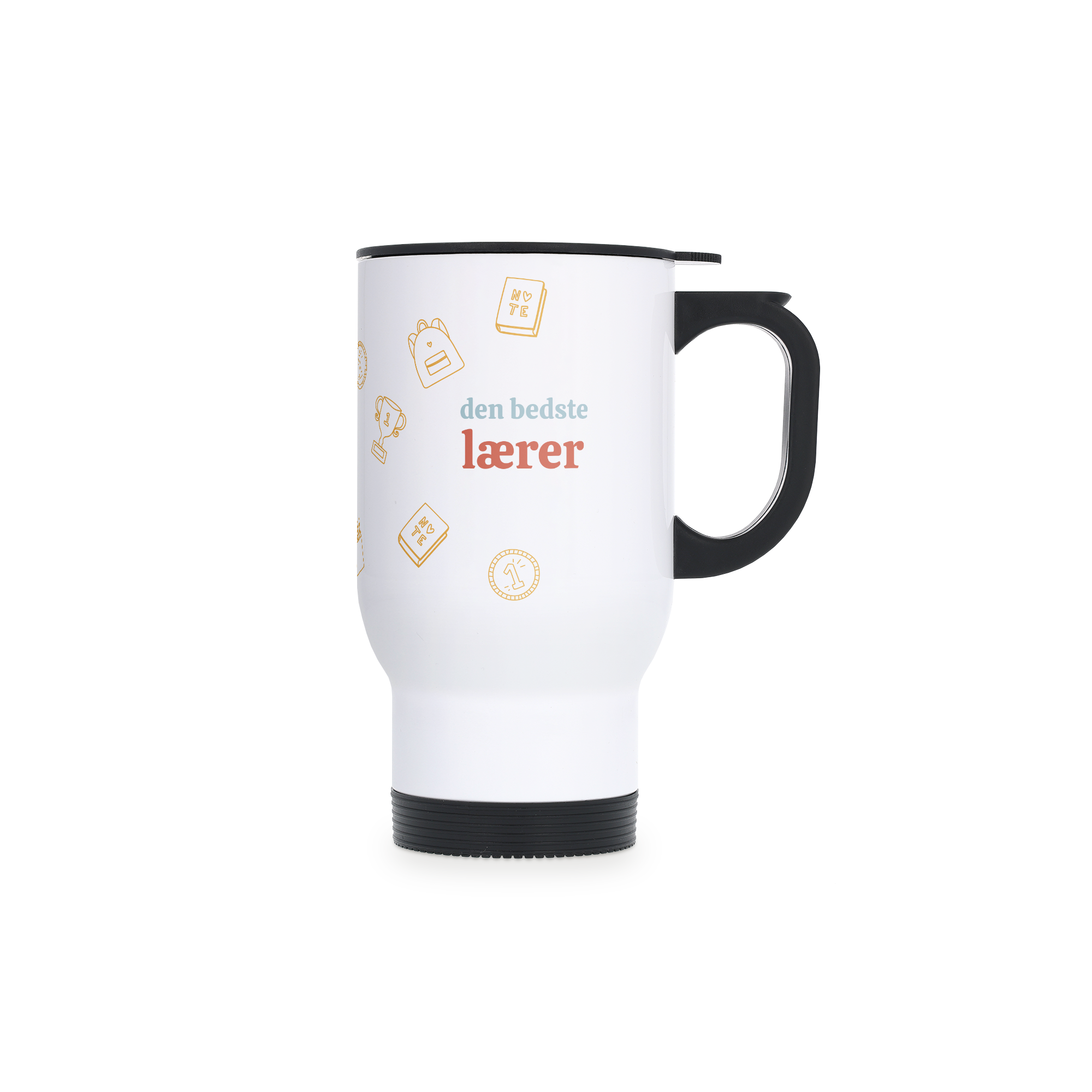 Personligt hvidt termokrus med sort hank og låg, designet med tekst “den bedste lærer” og ikoner. Gør morgenkaffen til noget særligt.