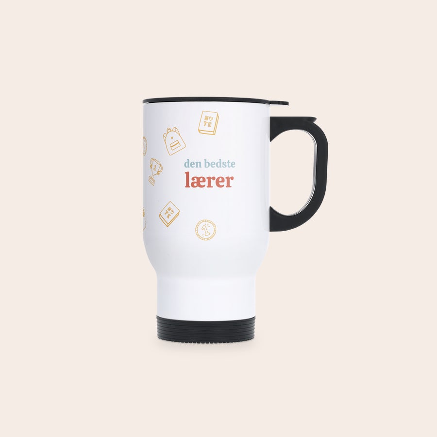 Termokrus med Billede Personligt hvidt termokrus med sort hank og låg, designet med tekst “den bedste lærer” og ikoner. Gør morgenkaffen til noget særligt.