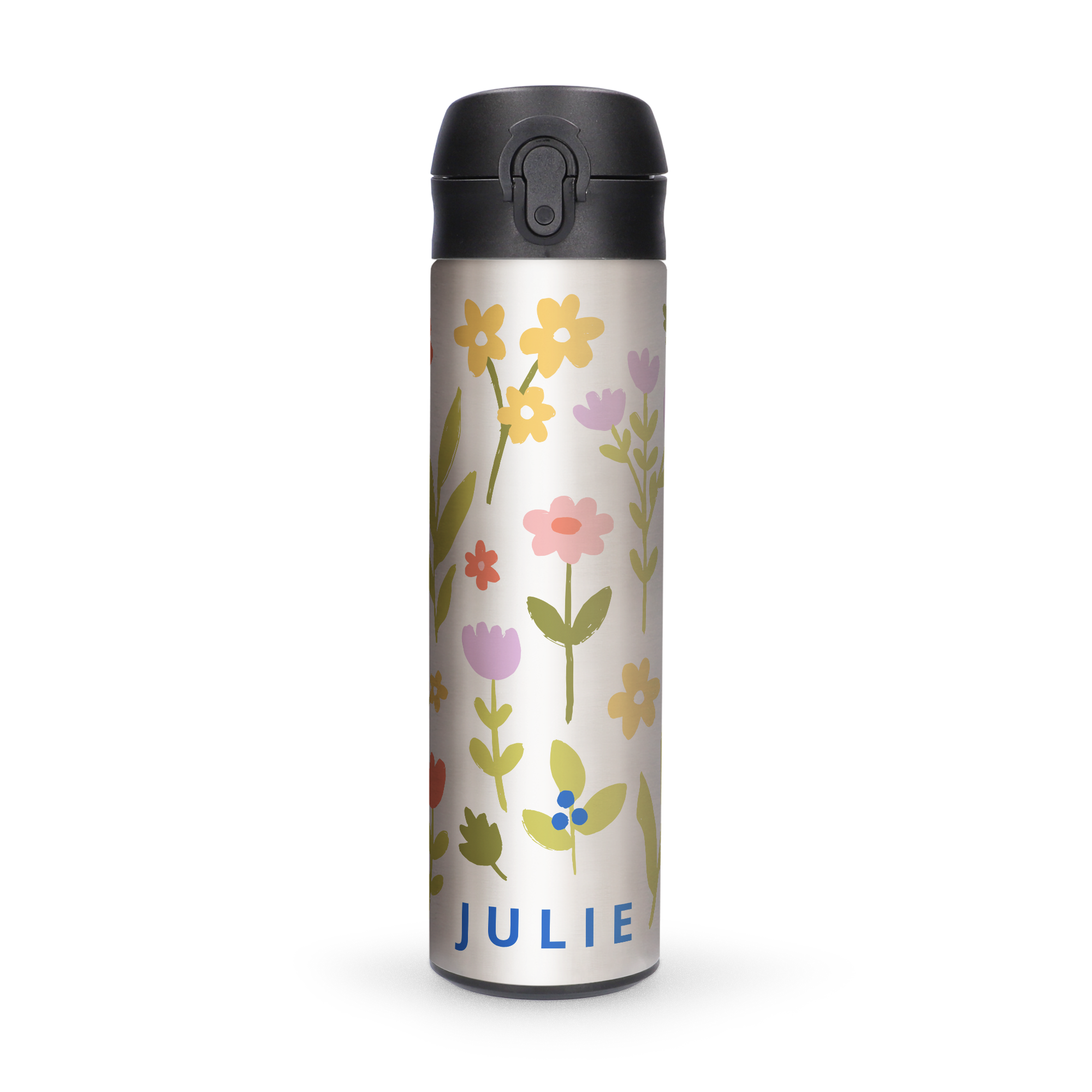 Votre boisson préférée dans une super gourde isotherme en inox personnalisée avec le nom Julie et des motifs floraux