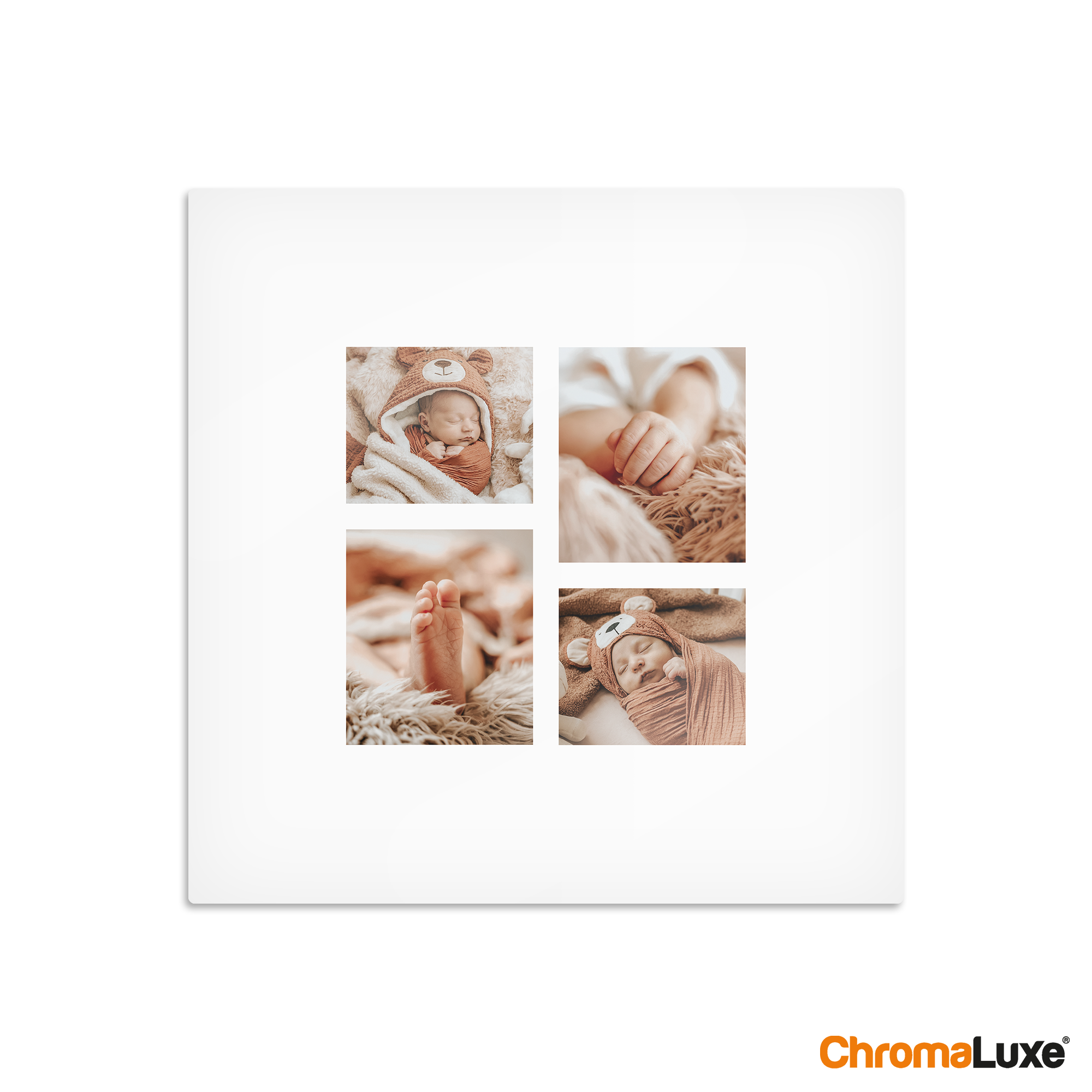 Chromaluxe aluminium fotoprints af en sovende baby med personlige billeder