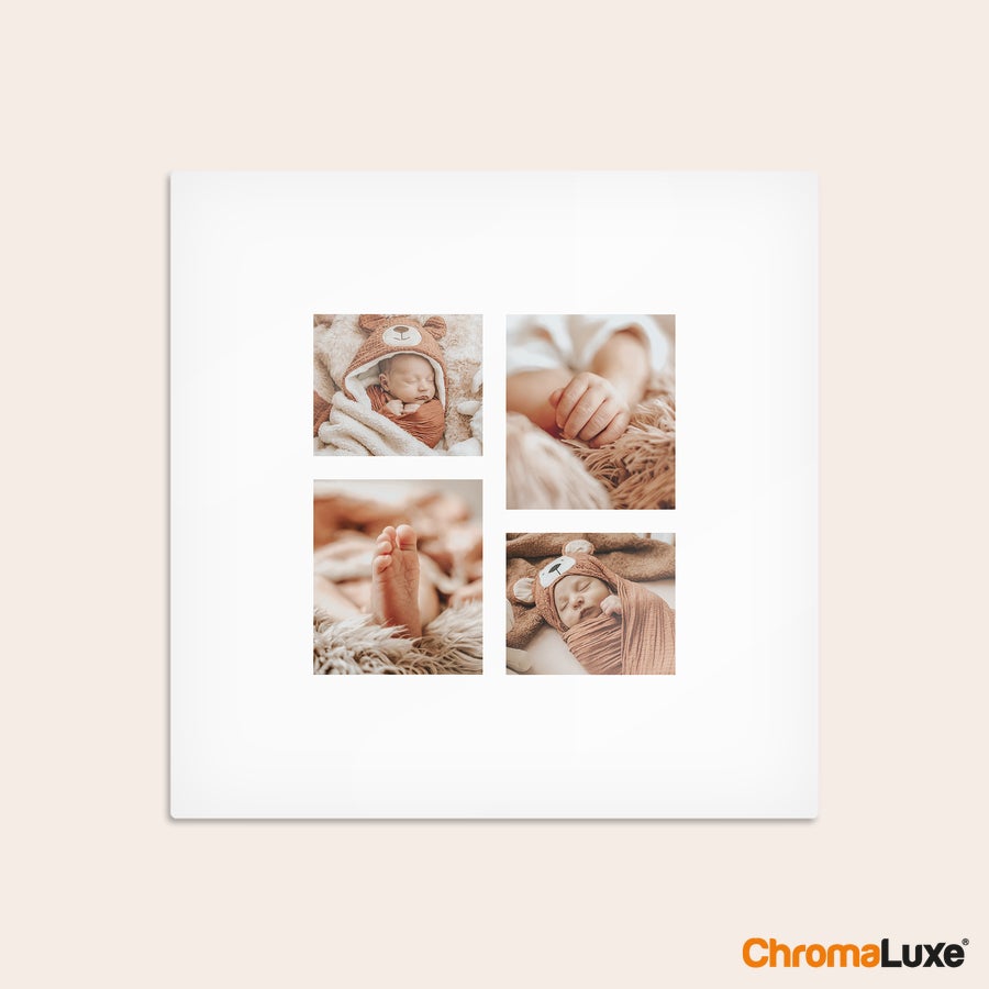Aluminium fotopanel Personlig Chromaluxe aluminium fotoprint med fire bilder av en baby, perfekt for å ta dine favorittminner med fotoprint.