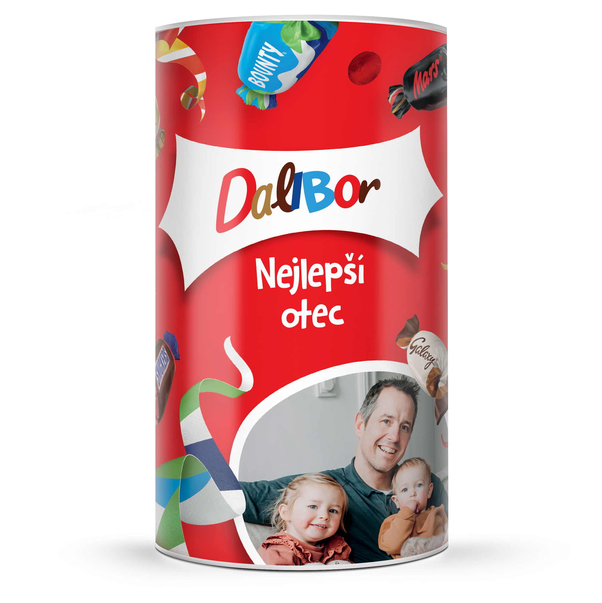 Personalizovaná láhev Celebrations se sladkostmi s fotografií otce a dětí a textem Dalibor Nejlepší otec, ideální dárek s vlastním potiskem.