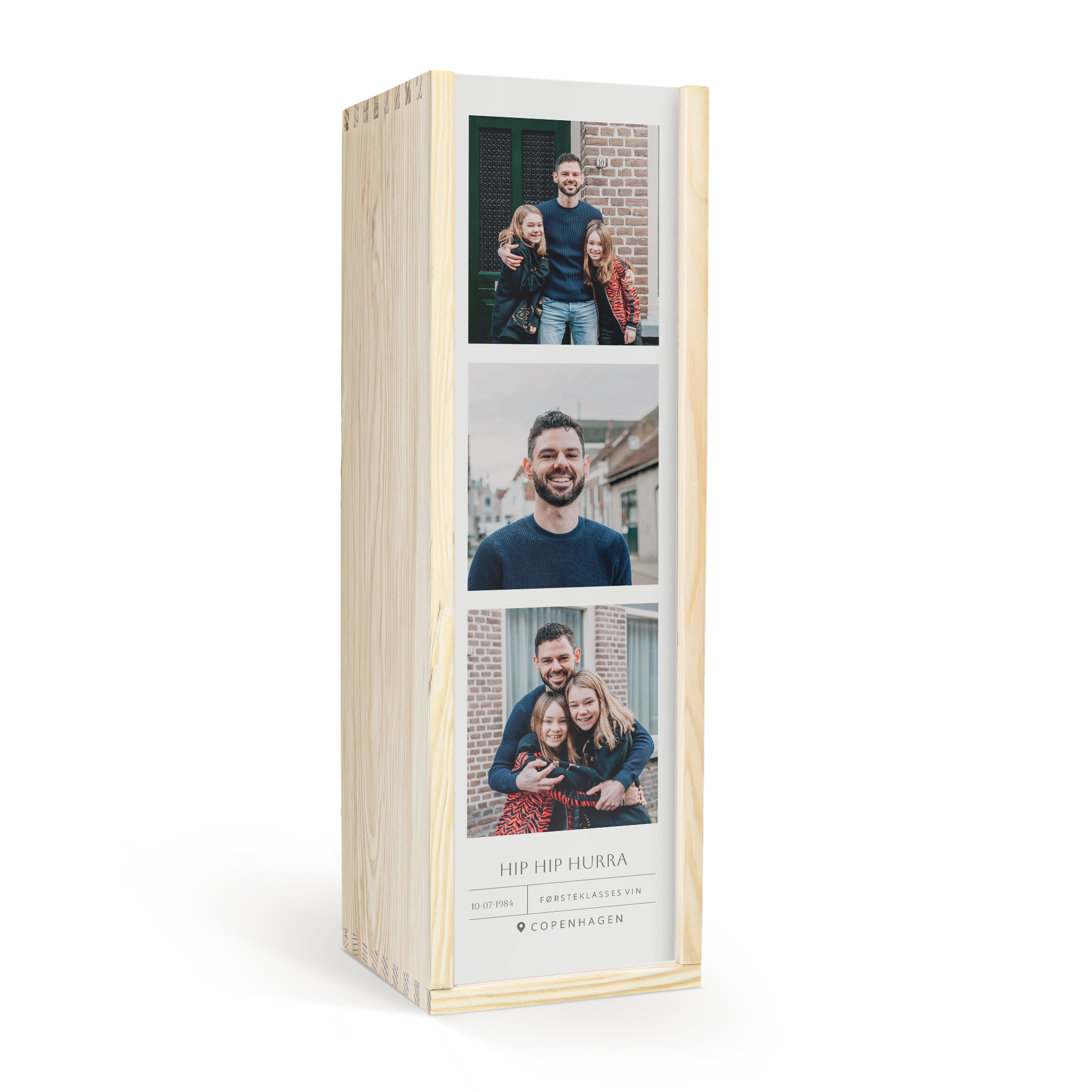 Trækasse til Amaretto Disaronno med fire personaliserede billeder og teksten Hip Hip Hurra, trykt på fronten.