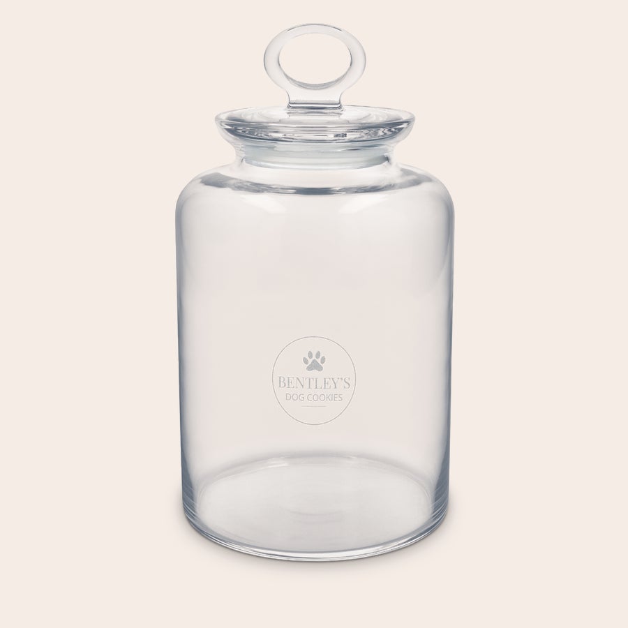 Personligt indgraveret småkagekrukke Gennemsigtig personlig småkagekrukke i glas med indgravering af navn og potespor design