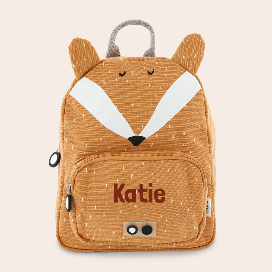 Rucsac pentru Copii Personalizat - Trixie Rucsac personalizat pentru copii portocaliu cu aspect de vulpe, cu numele Katie imprimat pe buzunarul frontal