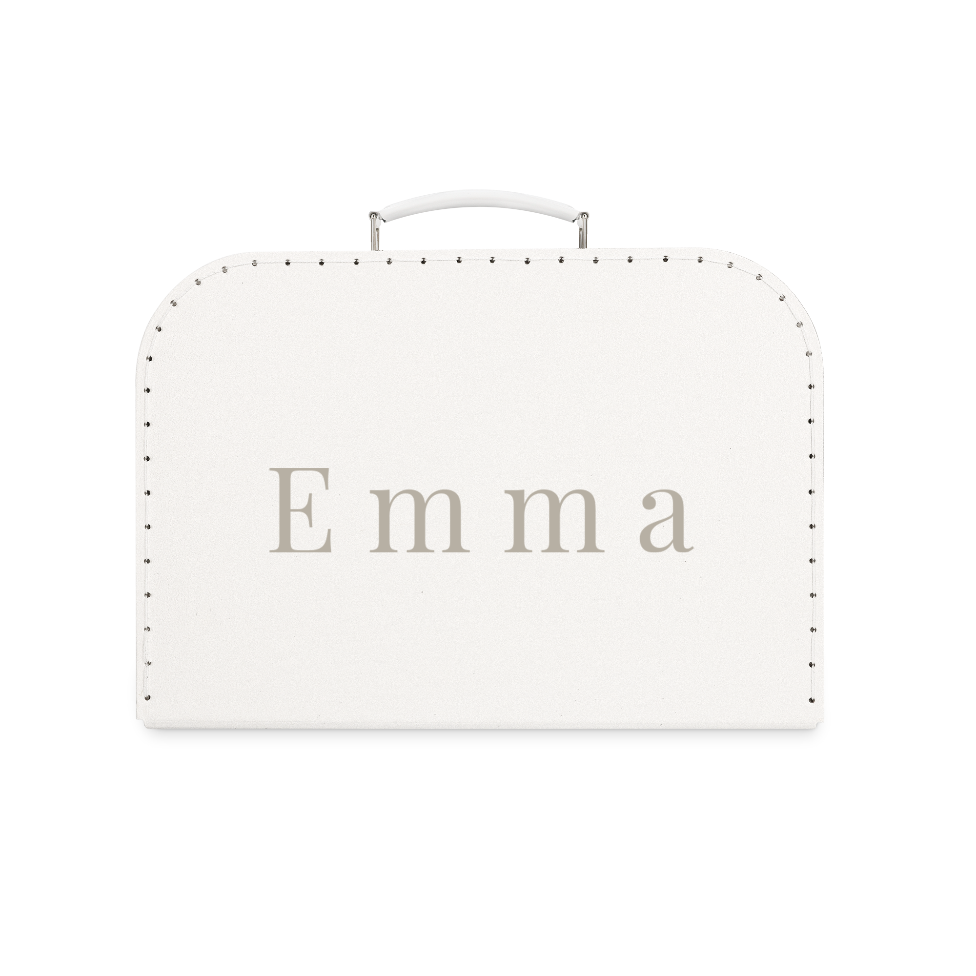 Hvit lekekoffert med trykt navn Emma og hvitt bærehåndtak.
