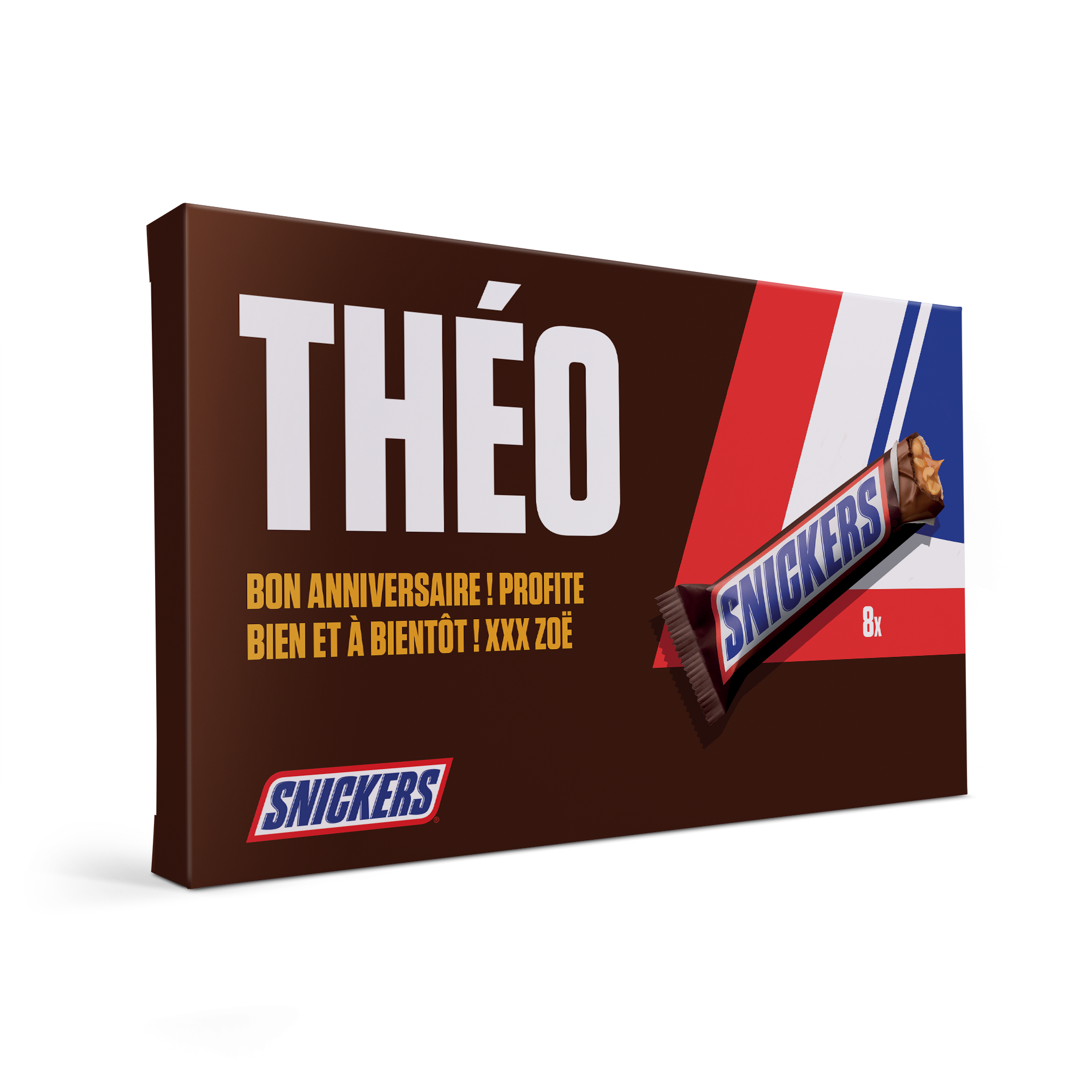 Coffret cadeau Snickers personnalisé Théo avec message Bon Anniversaire et photo