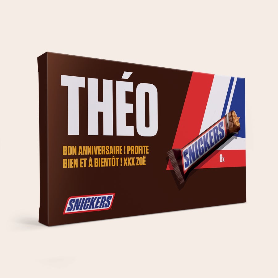 Coffret cadeau de barres chocolat personnalisées Coffret cadeau Snickers personnalisé Théo avec message Bon Anniversaire et photo