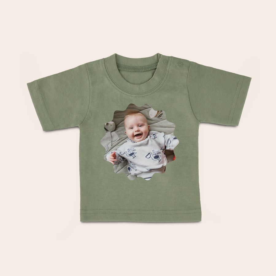 Koszulka dla niemowląt Personalizowany t-shirt dziecięcy w kolorze khaki z nadrukiem uśmiechniętego dziecka