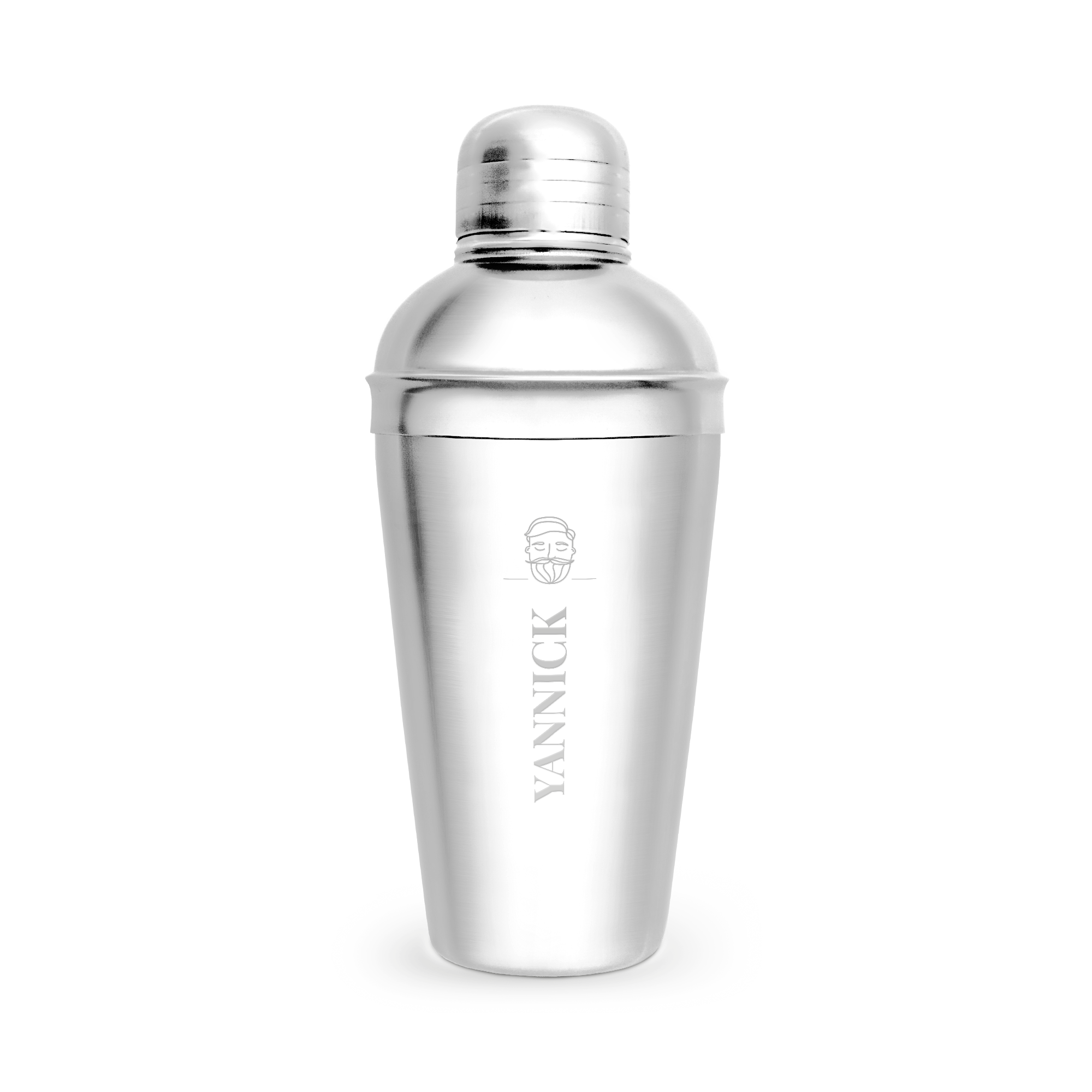 Personalisierter Cocktailshaker aus Edelstahl mit dem gravierten Namen YANNICK und Bartträger-Symbol für Cocktail-Fans.