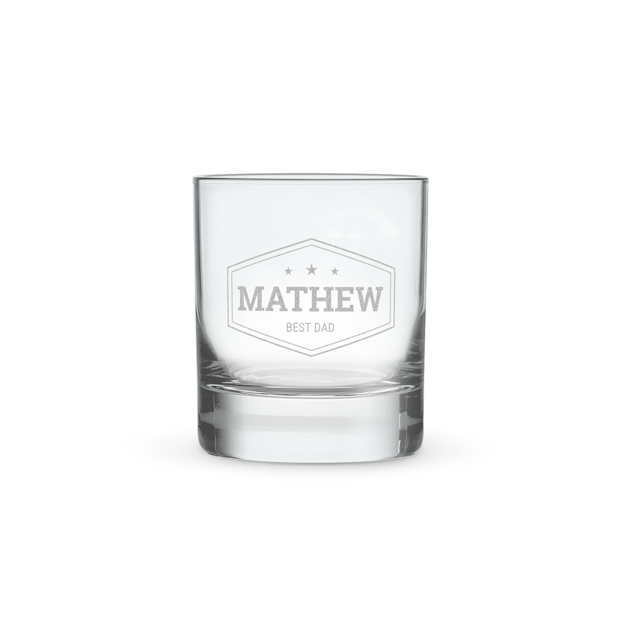 Vaso de whisky personalizado grabado con el nombre "MATHEW" y el texto "BEST DAD".