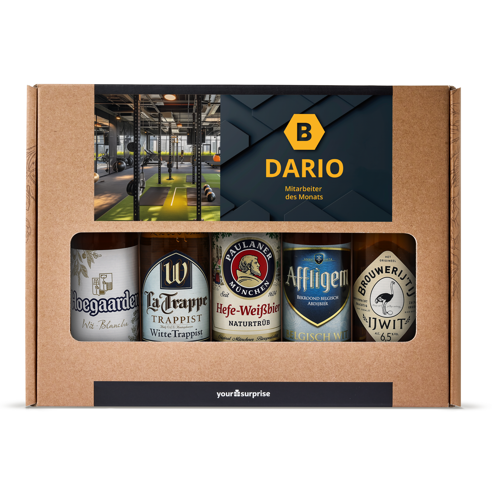 Personalisiertes Biergeschenkset zum Vatertag mit fünf Bieren, inklusive personalisierter Banderole mit Foto und Text “Dario Mitarbeiter des Monats”