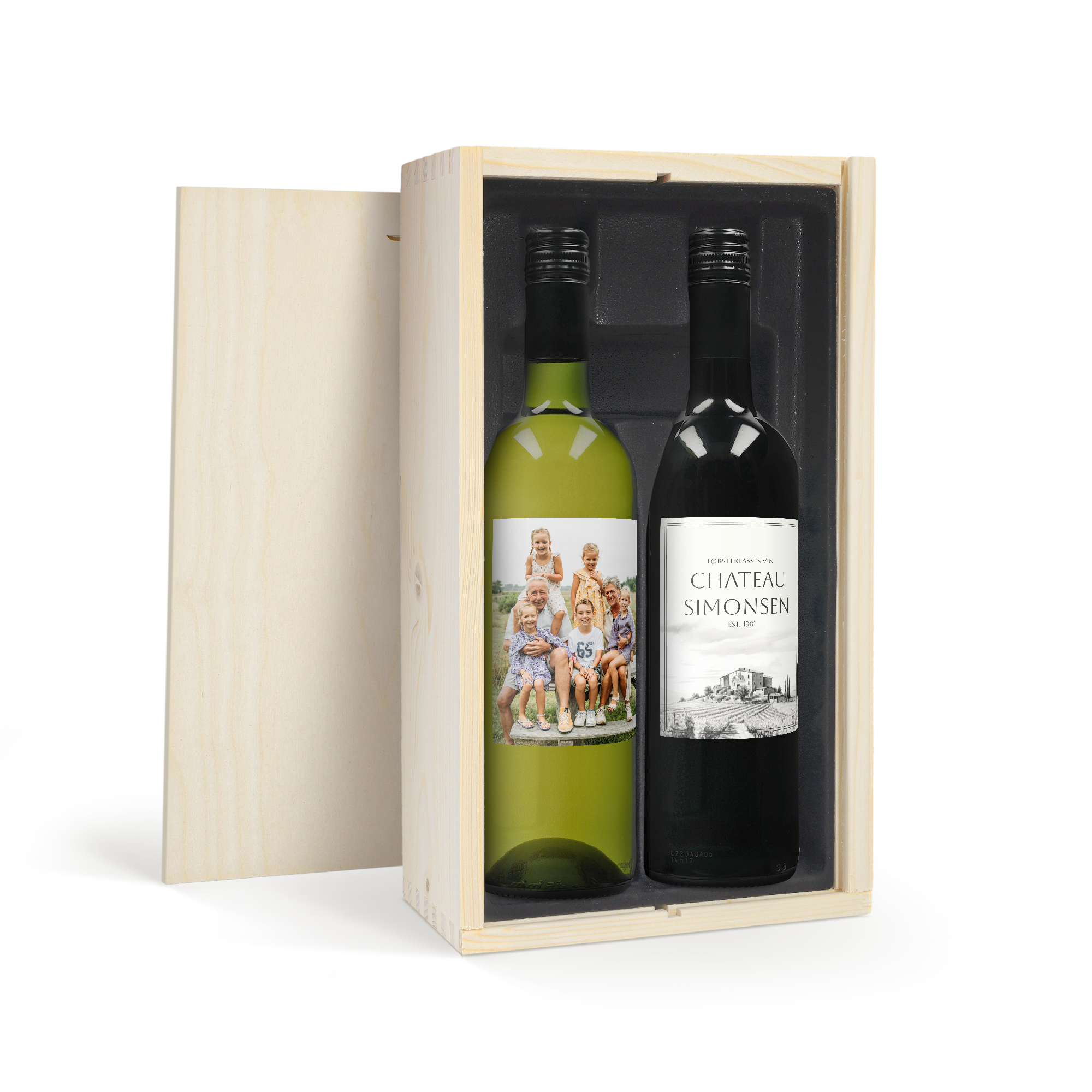 Vinsæt med personlig etikette og trækasse - Belvy rød/hvid/rosé