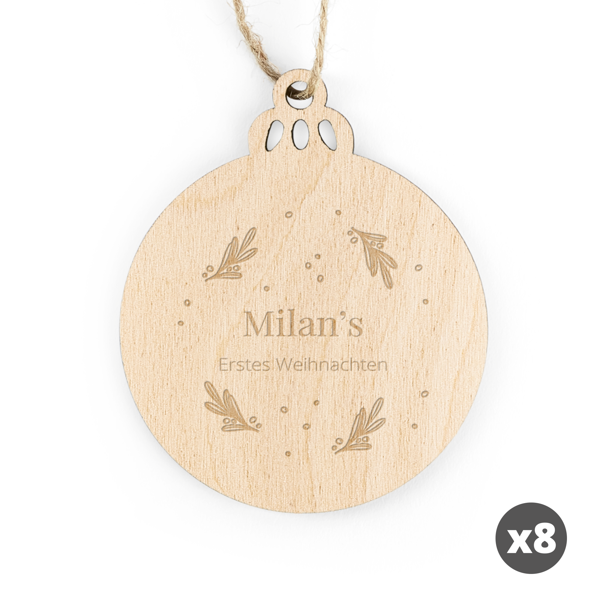 Weihnachtsdeko aus Holz mit Gravur Milan's Erstes Weihnachten, personalisierte Baumkugel